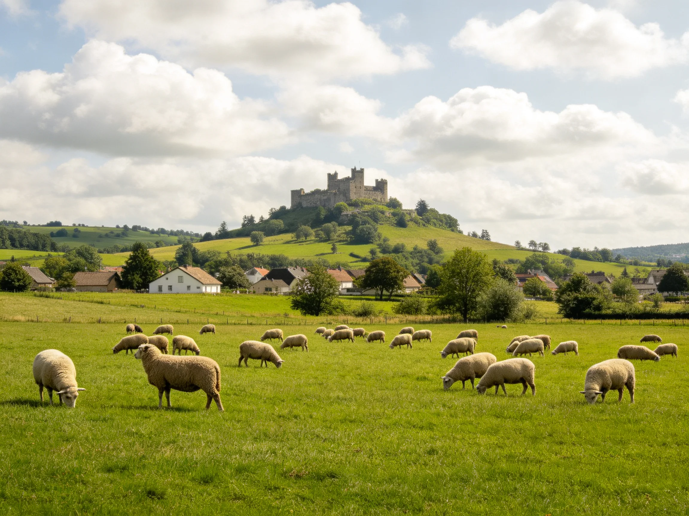 Sheep graze in a verdant meadow near a historic hilltop castle