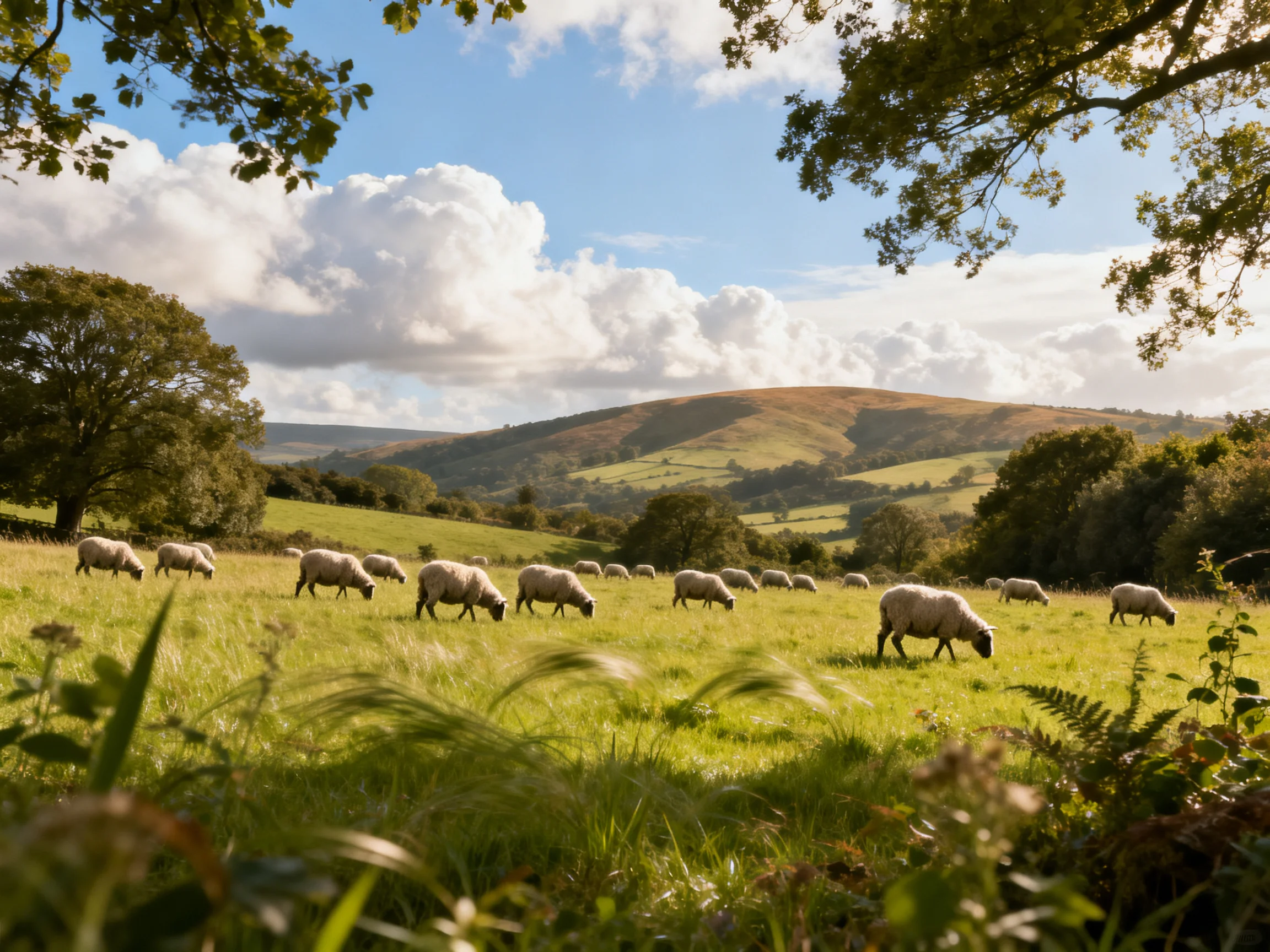 Sheep graze in a verdant meadow near rolling hills and trees
