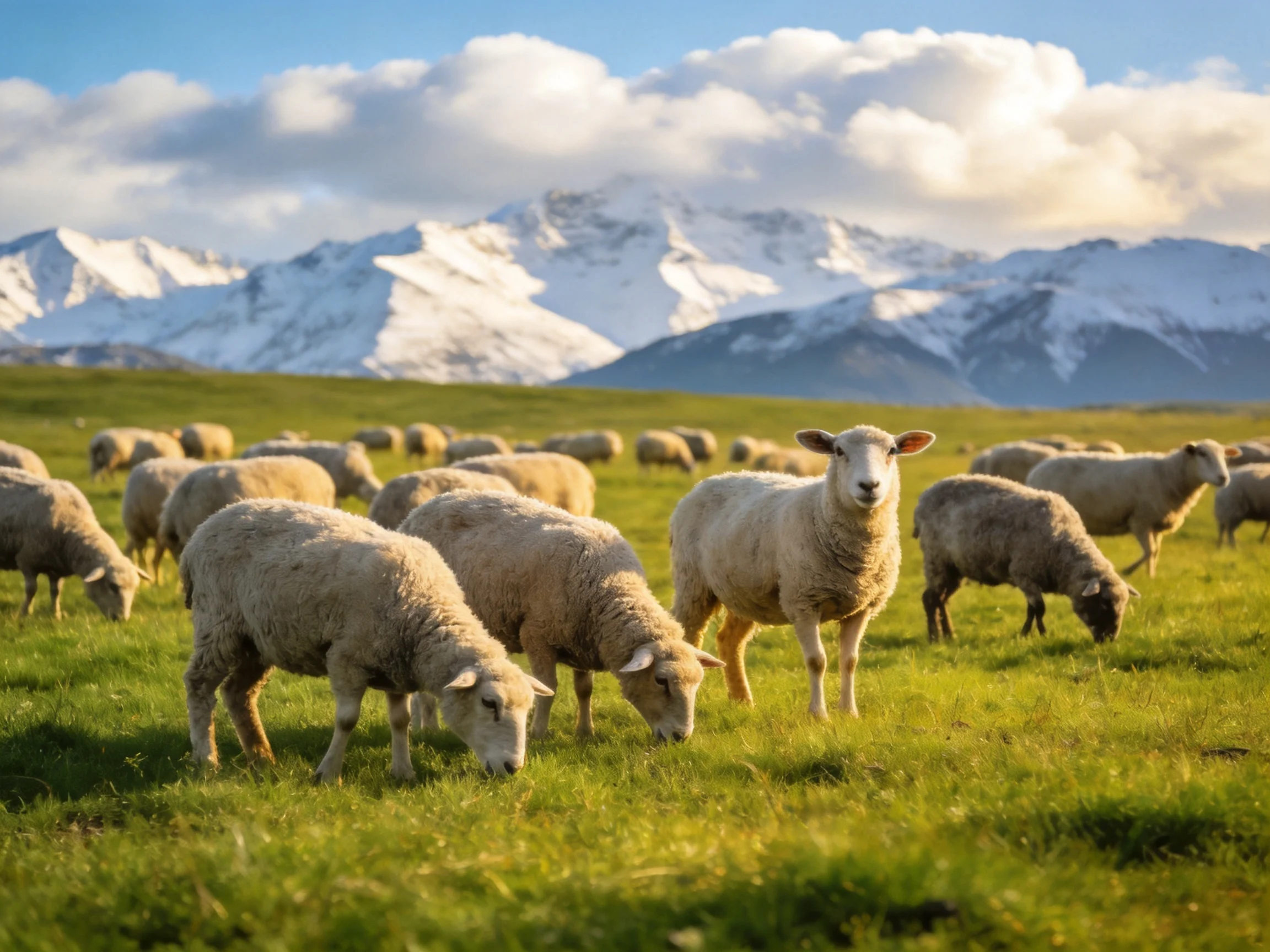 Sheep graze in a verdant meadow with snow - capped peaks
