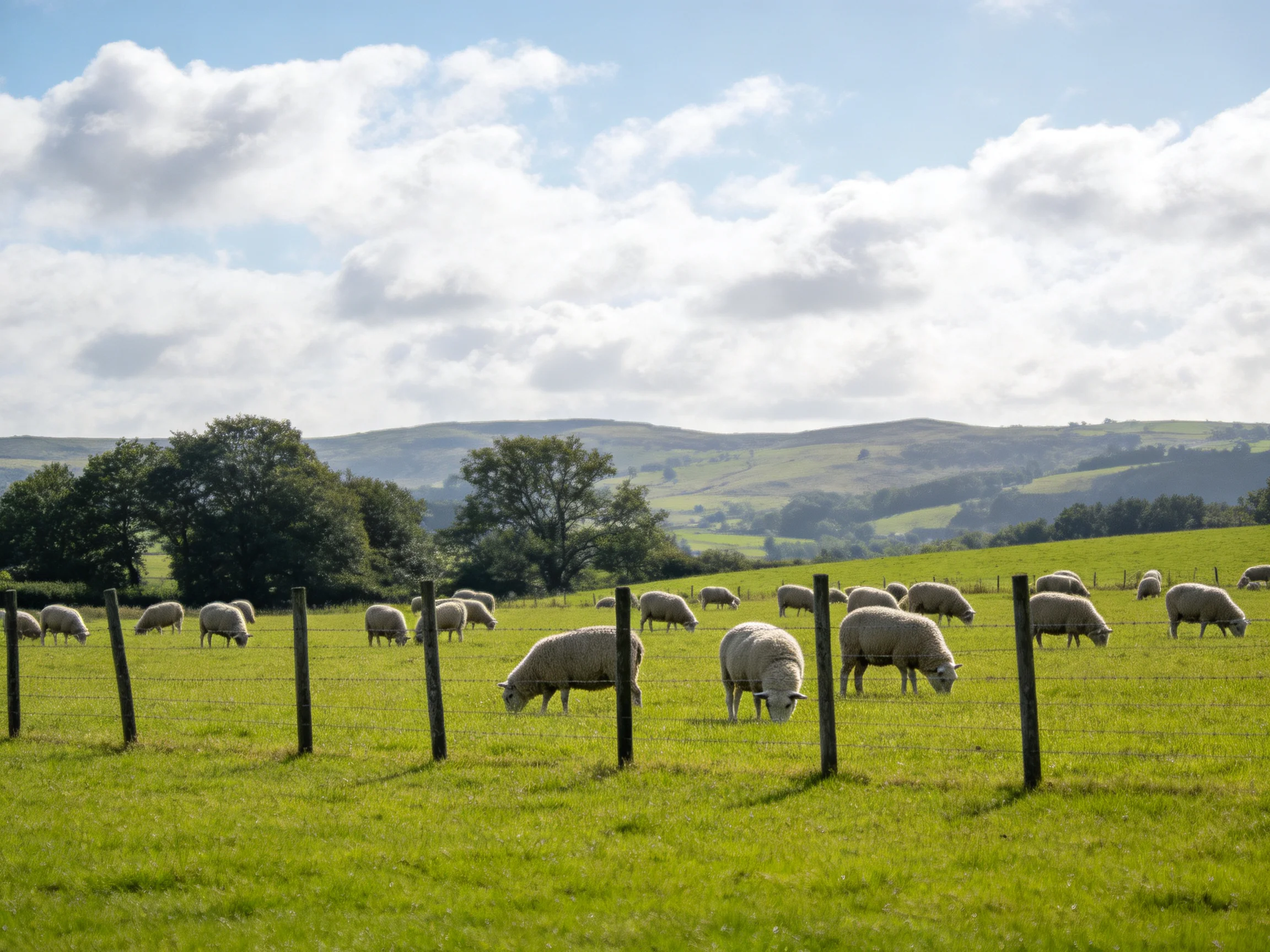 Sheep graze in a verdant pasture with rolling hills