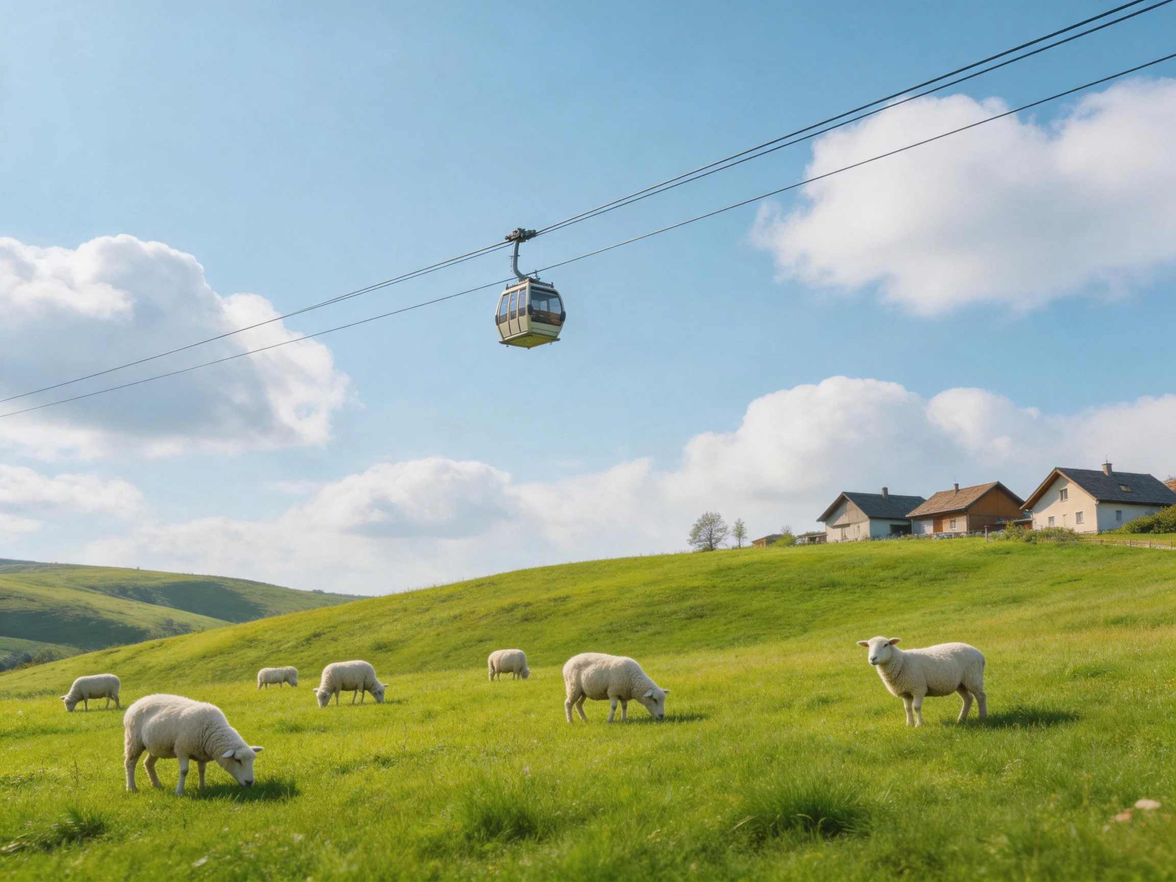 Sheep graze in a vibrant meadow with a cable car and houses
