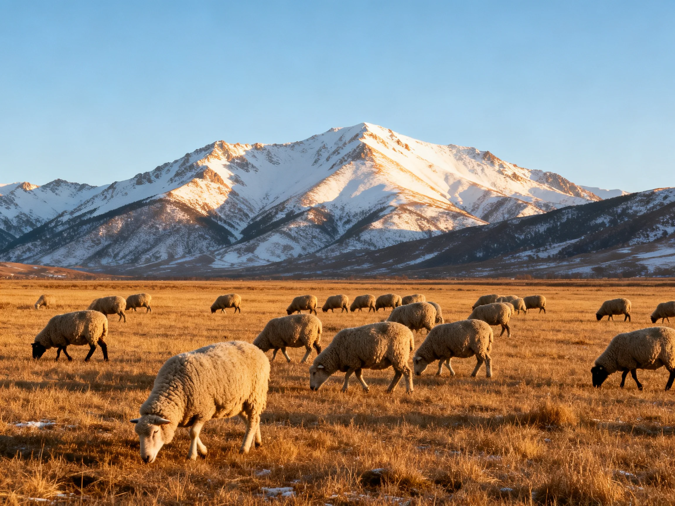 Sheep graze in golden field beside snow-capped mountains