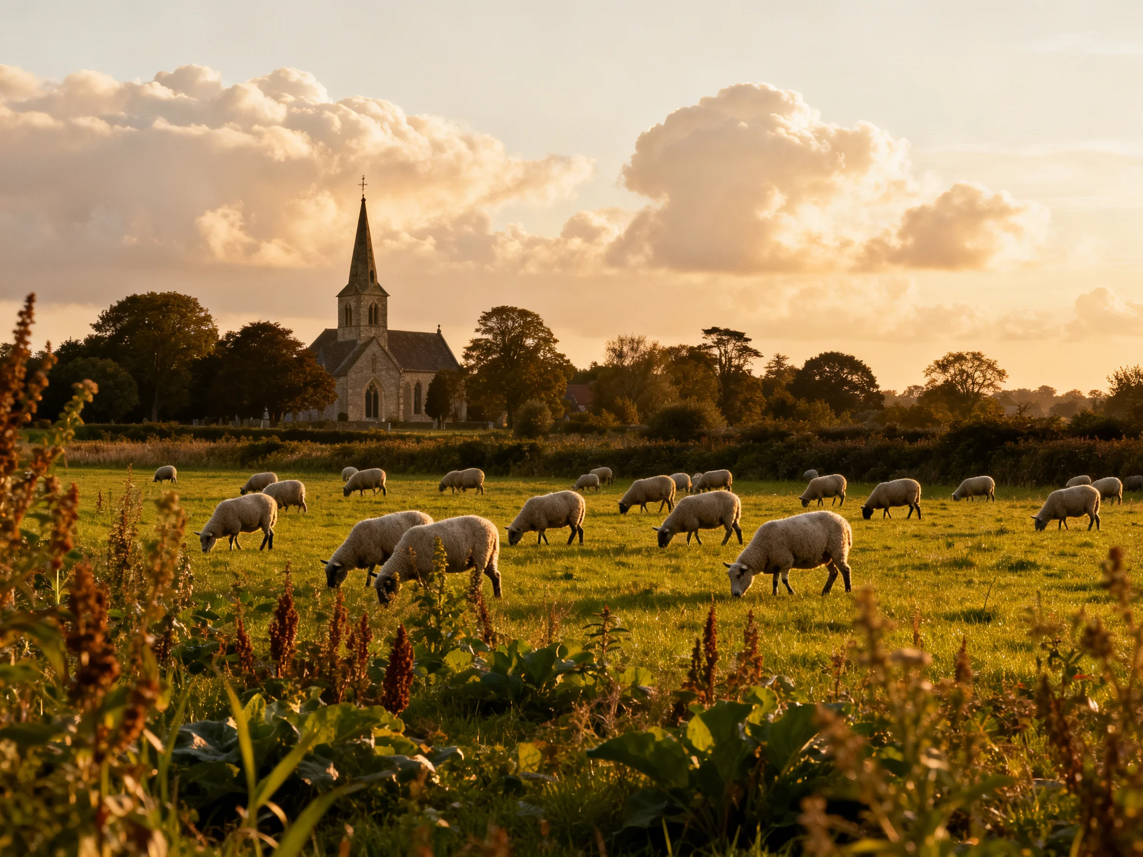 Sheep graze in golden light near a historic church