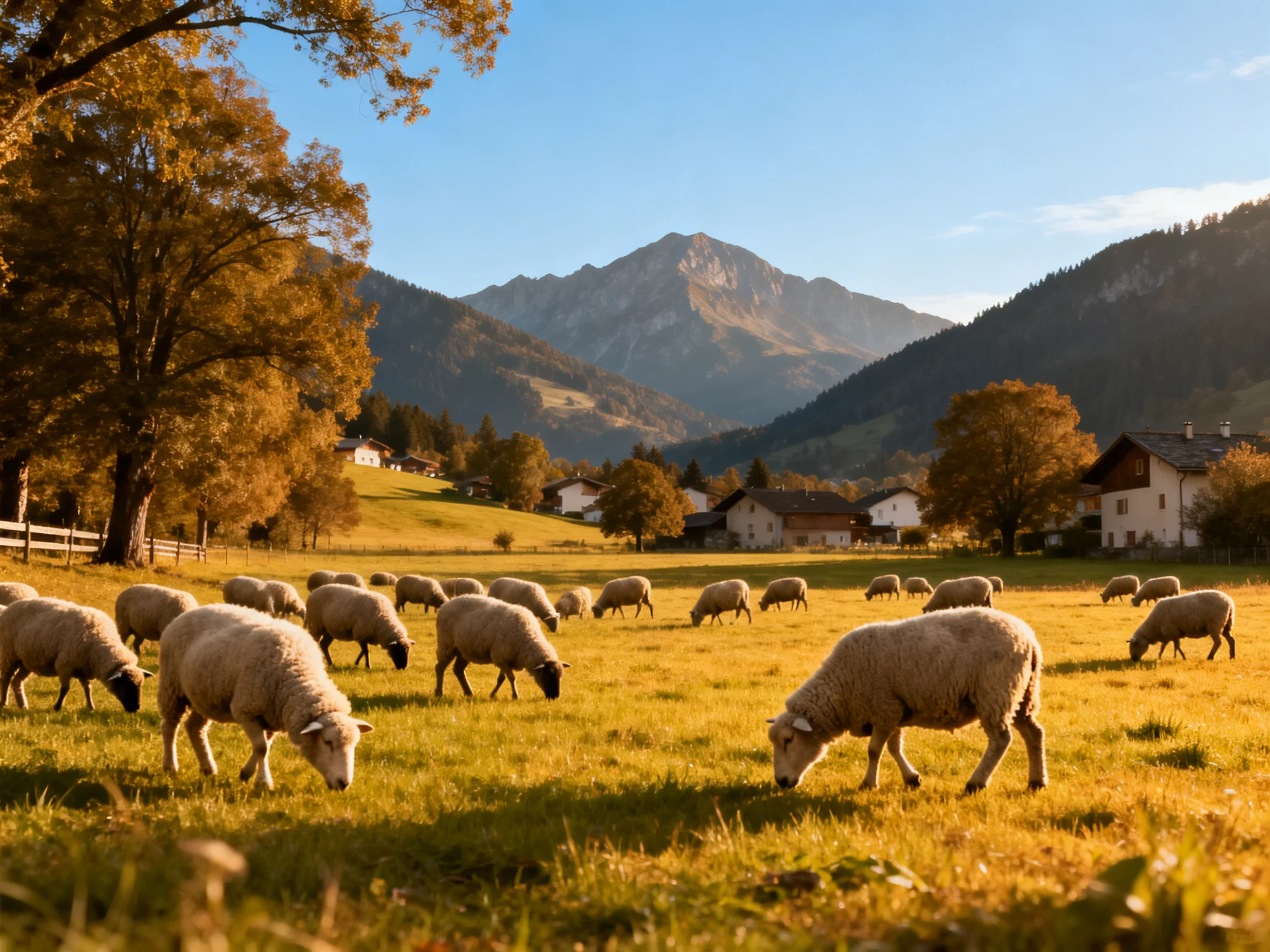 Sheep graze in a sunlit meadow surrounded by mountains and rural homes.