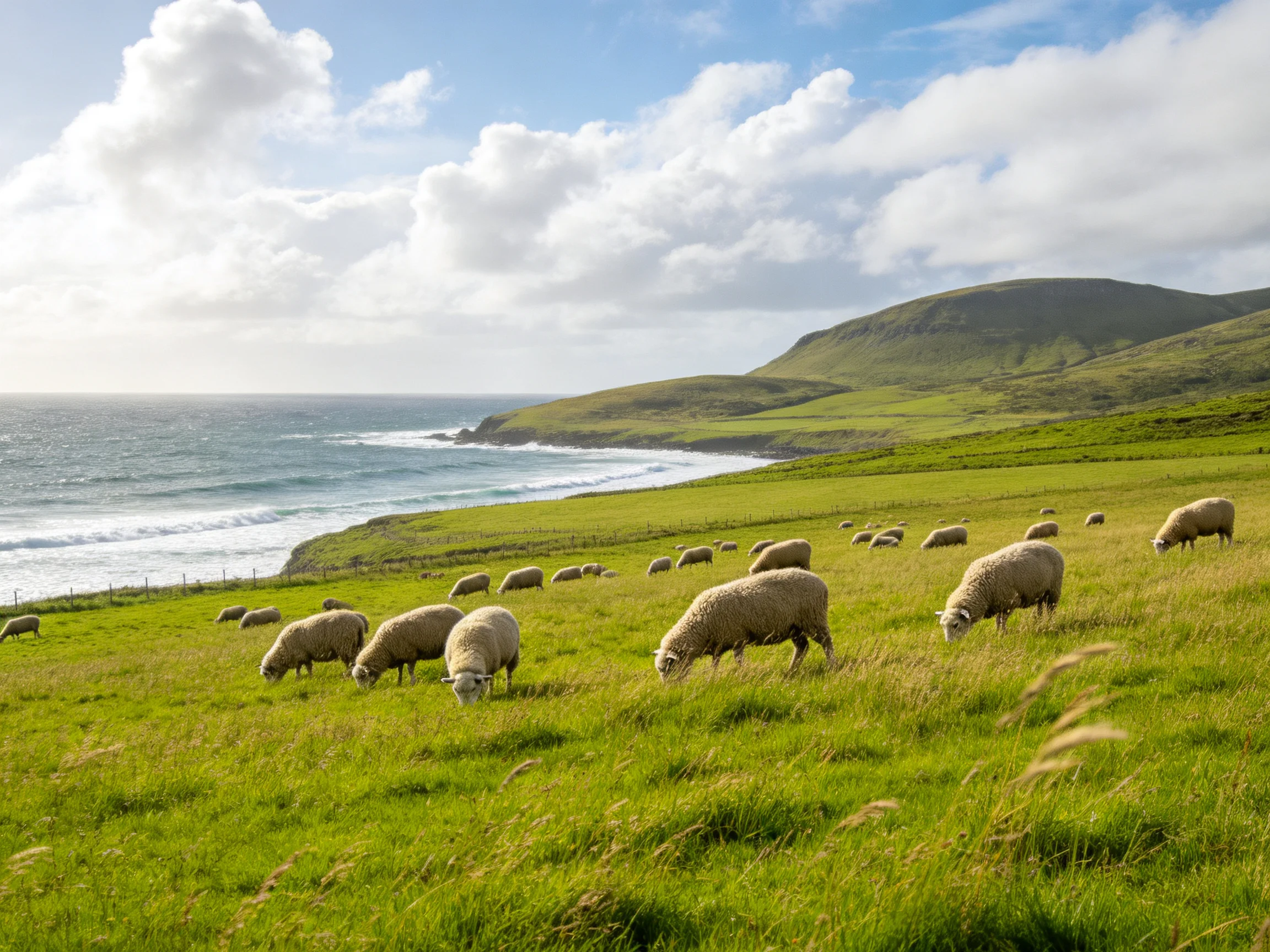 Sheep graze in lush coastal meadow near rolling green hills