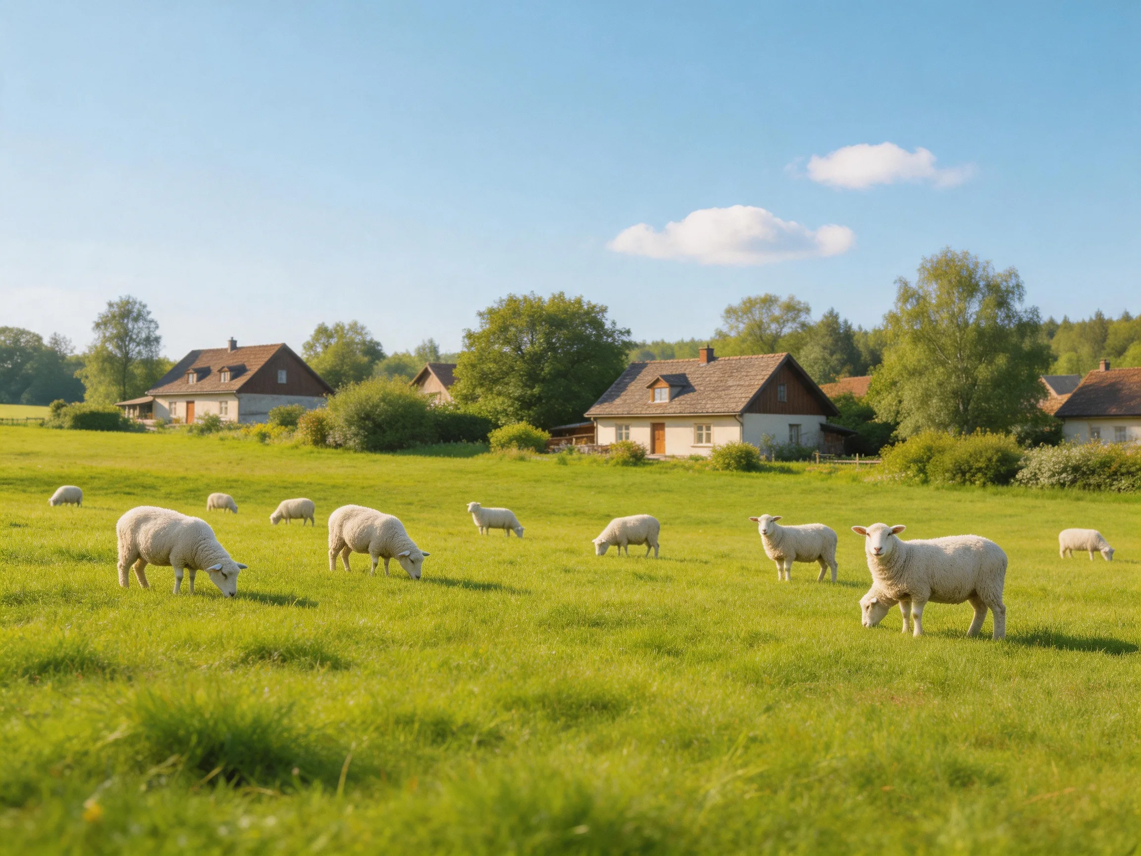 Sheep graze in lush green field near rustic homes