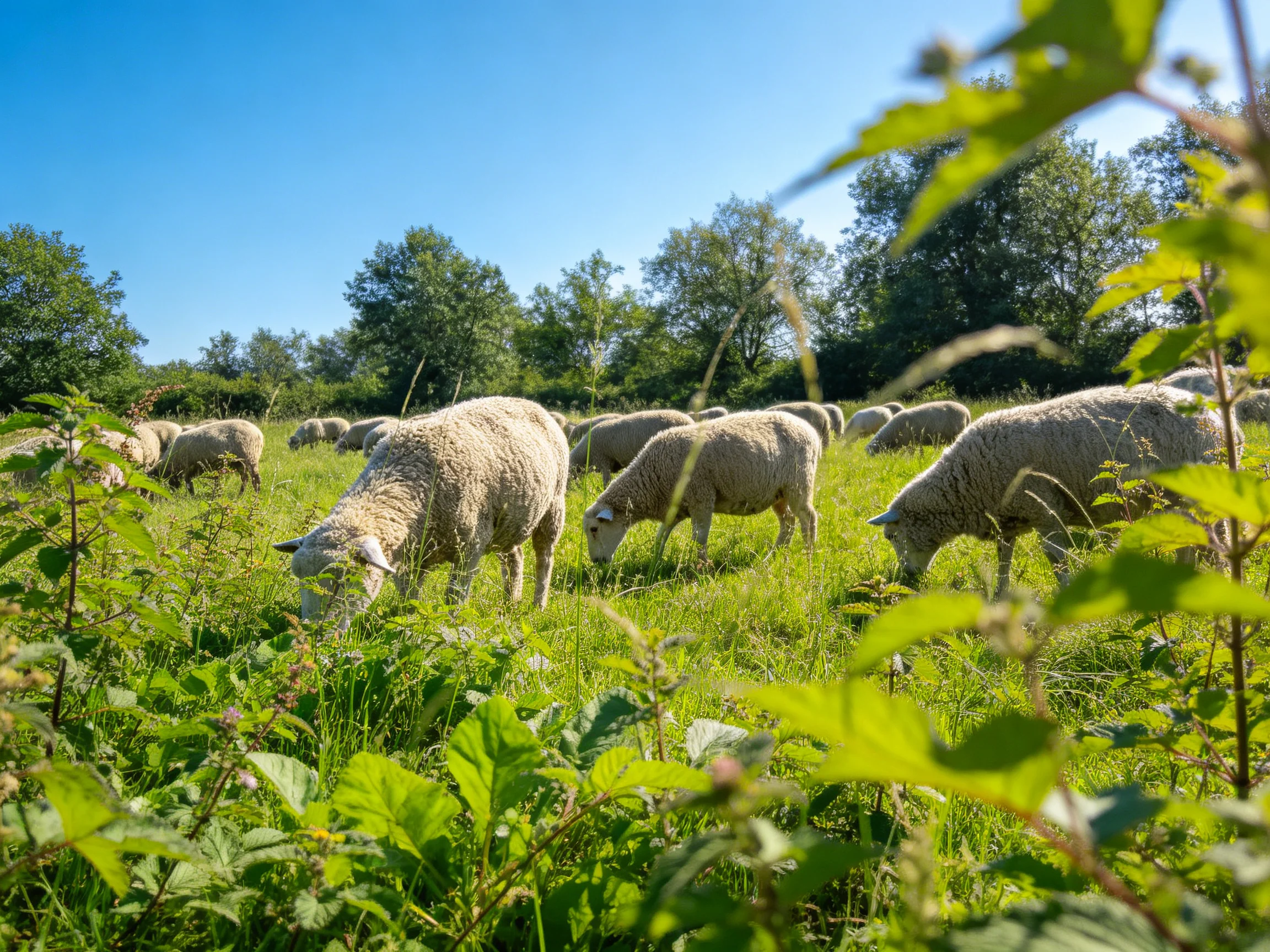 Sheep graze in lush green pasture under clear blue sky