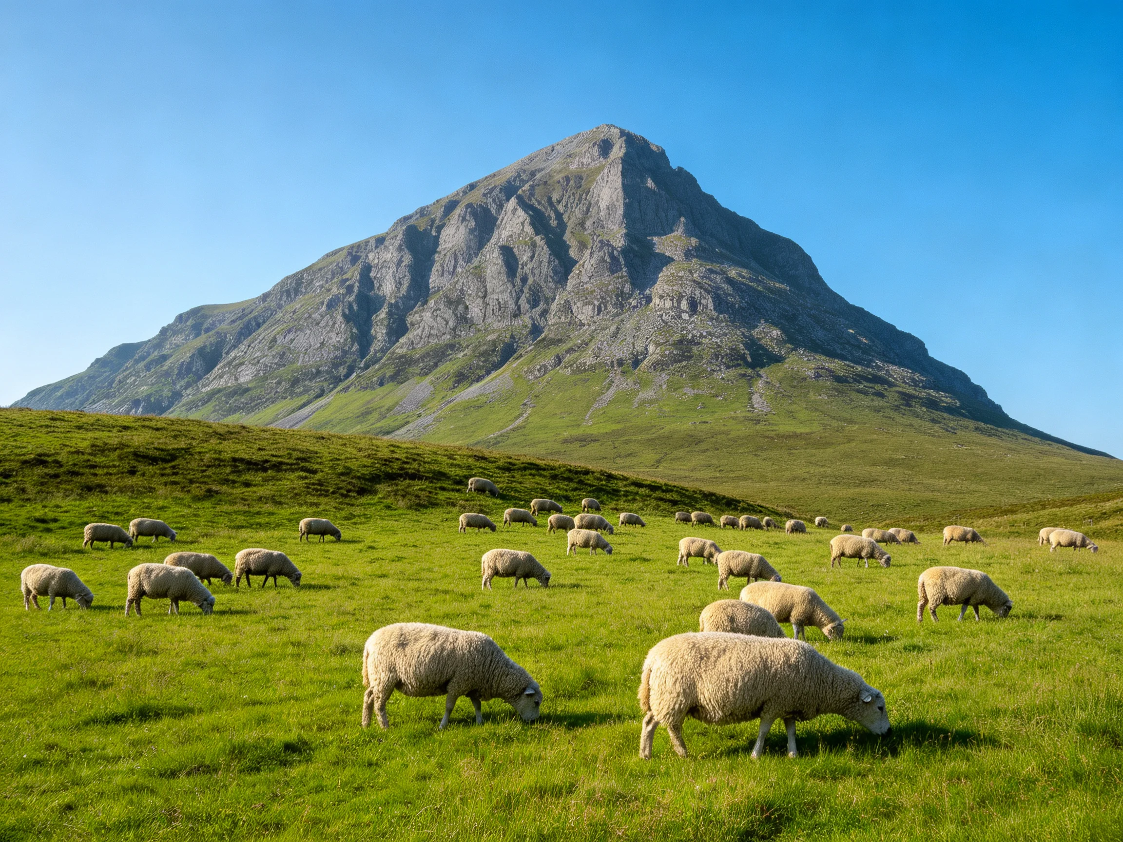 Sheep graze in lush meadow beside massive rocky mountain