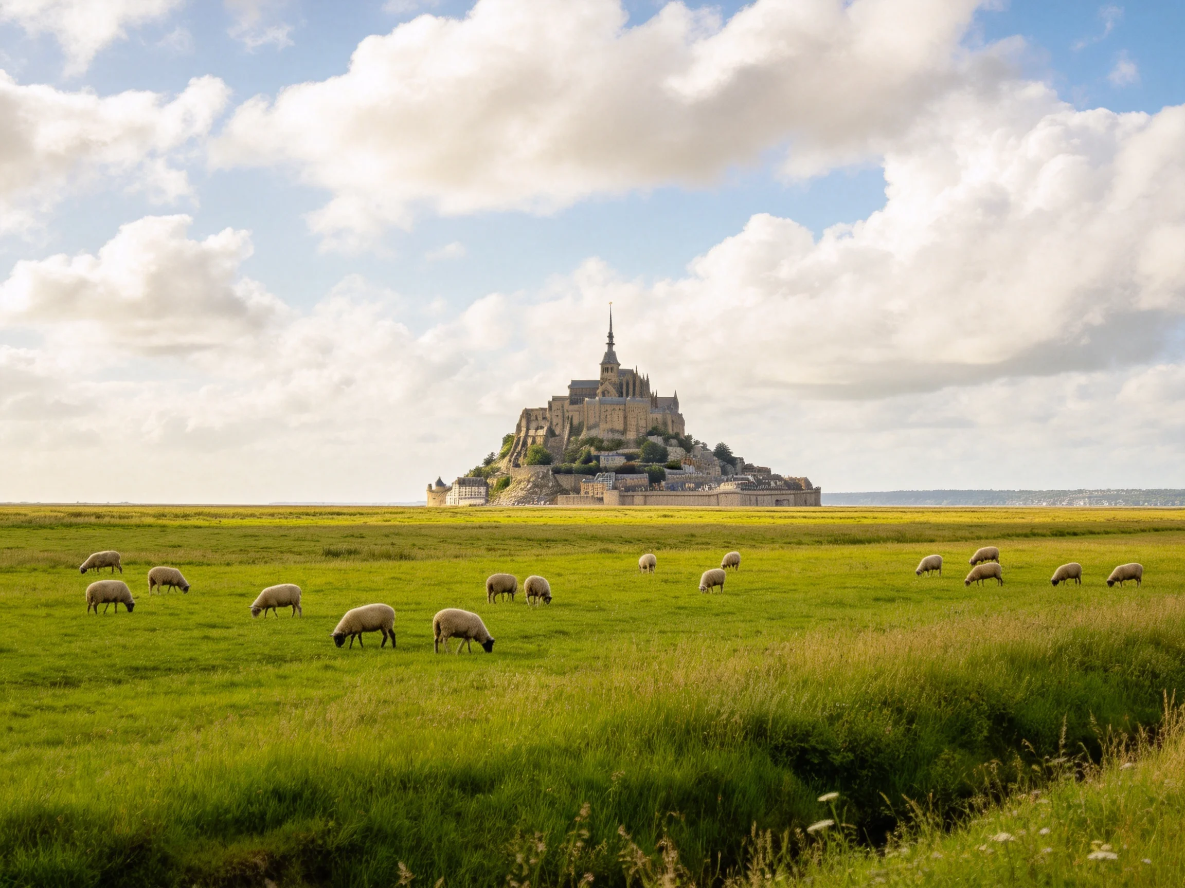 Sheep graze in lush meadow by iconic Mont Saint-Michel abbey