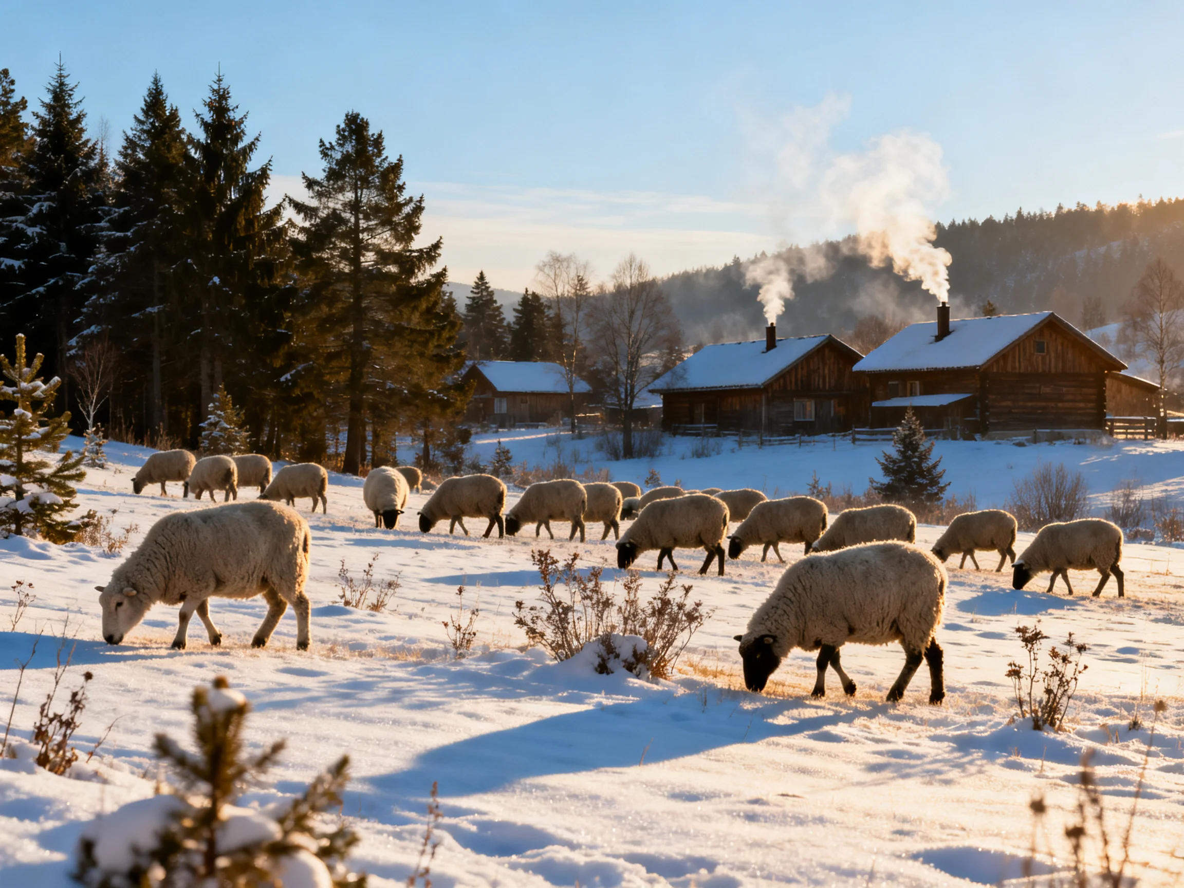 Sheep graze in snowy field near rustic cabins and pine trees