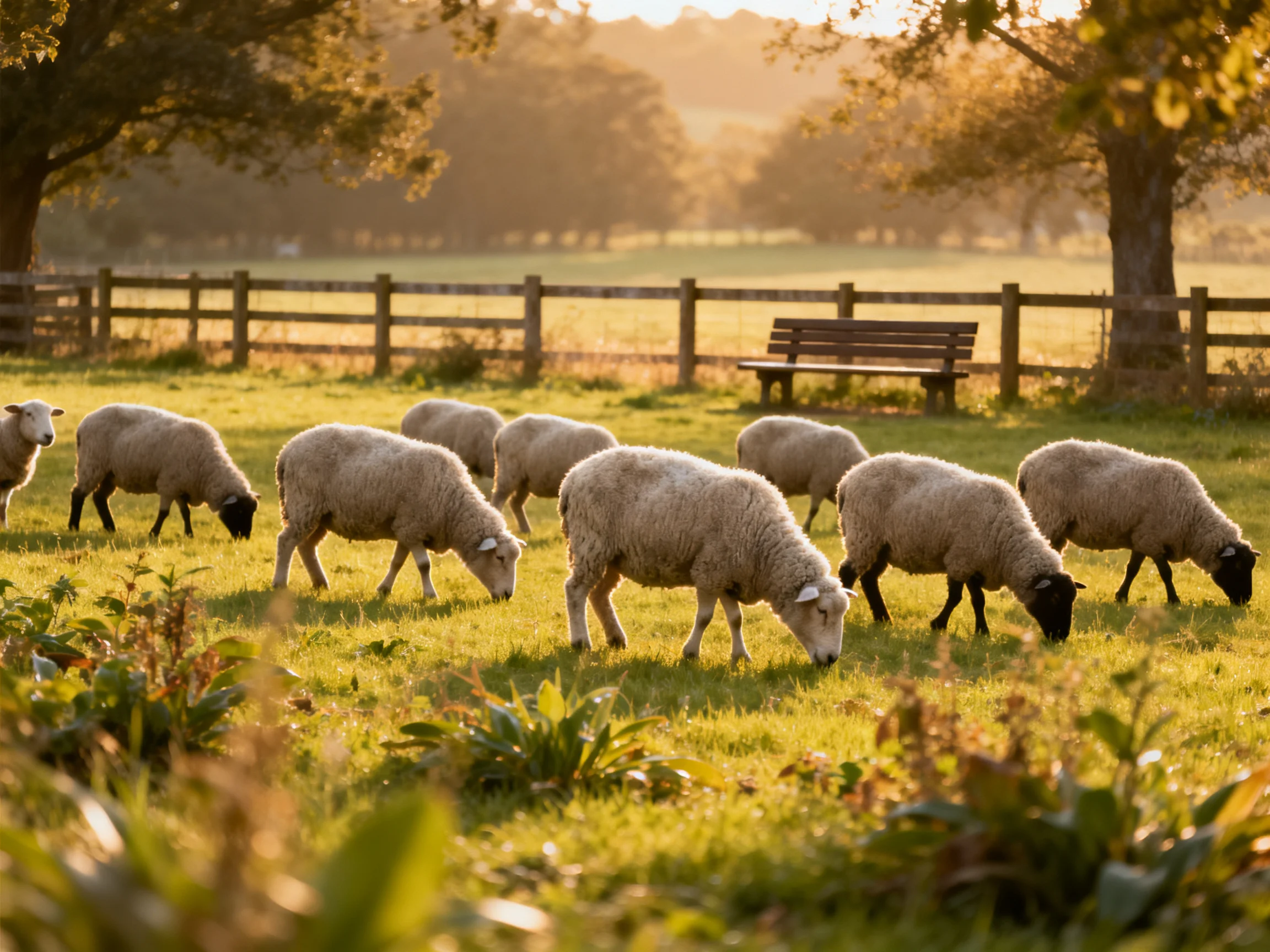 Sheep graze in sunlit green pasture near wooden fence