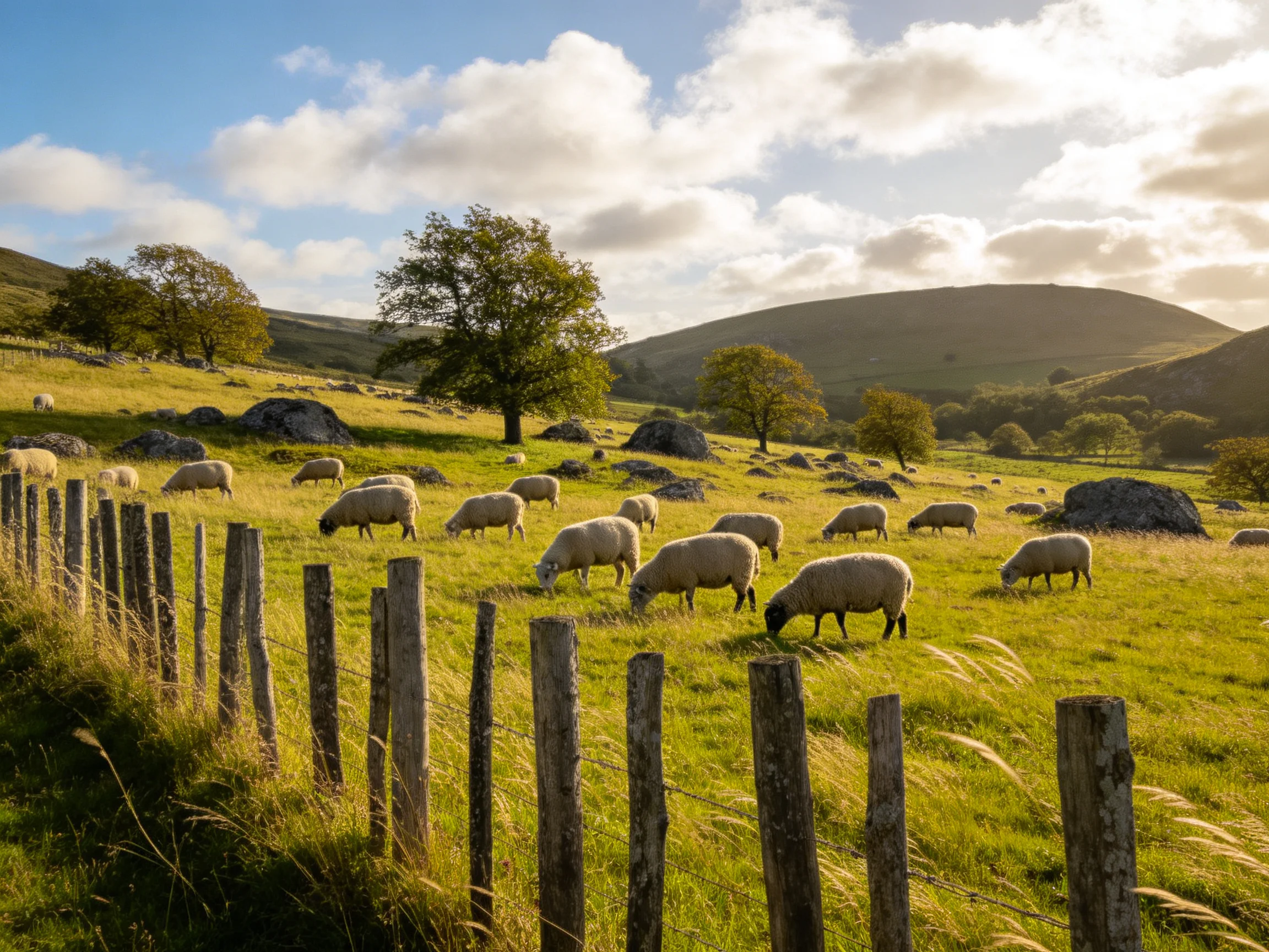 Sheep graze in sunlit pasture with wooden fence and rolling hills