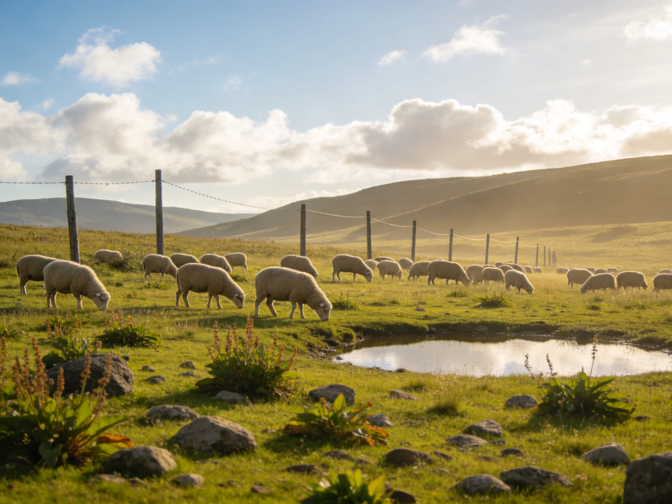 Sheep graze in sunlit rolling hills near a small pond
