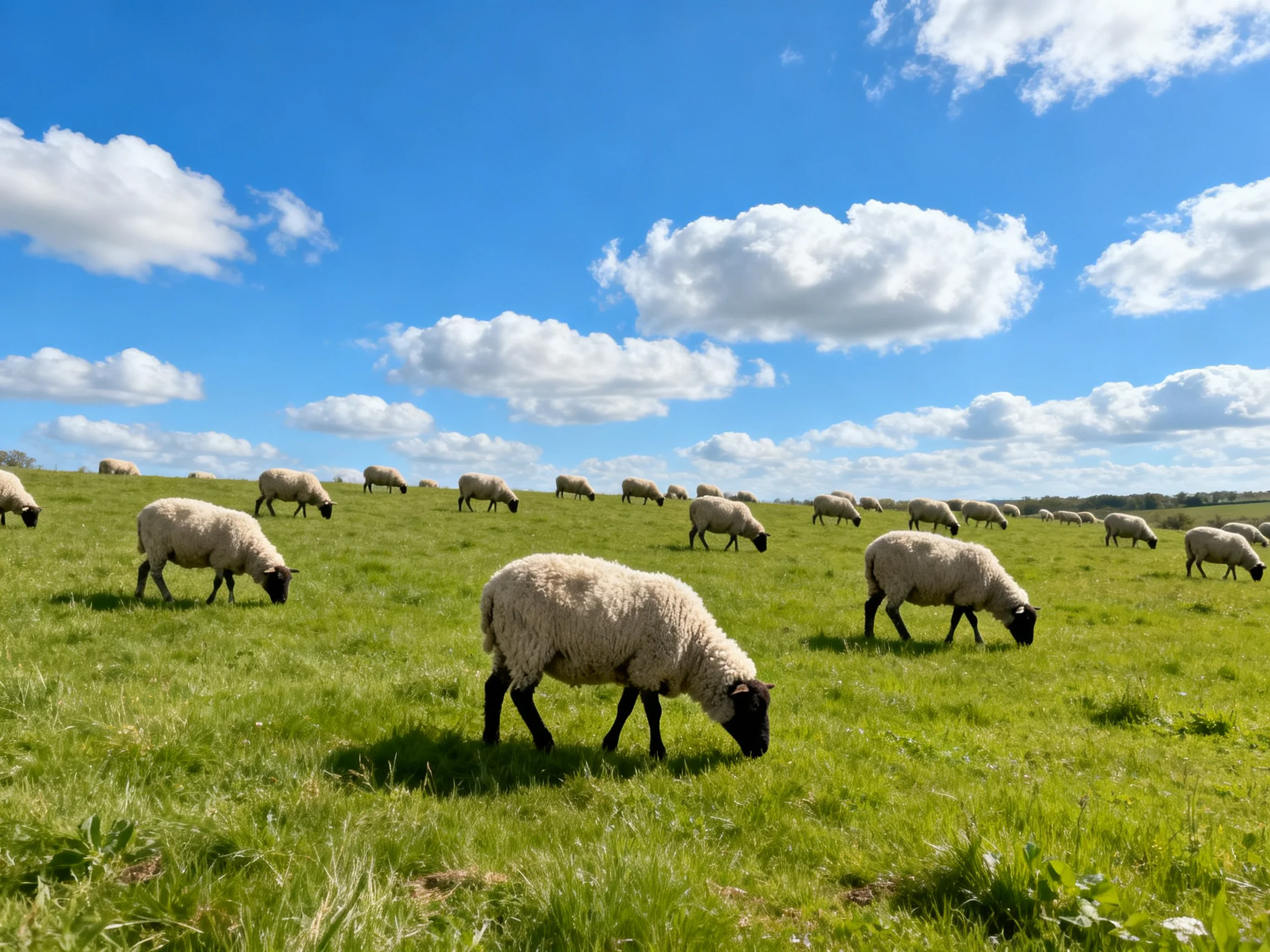 Sheep graze in vibrant green pasture with clear blue sky