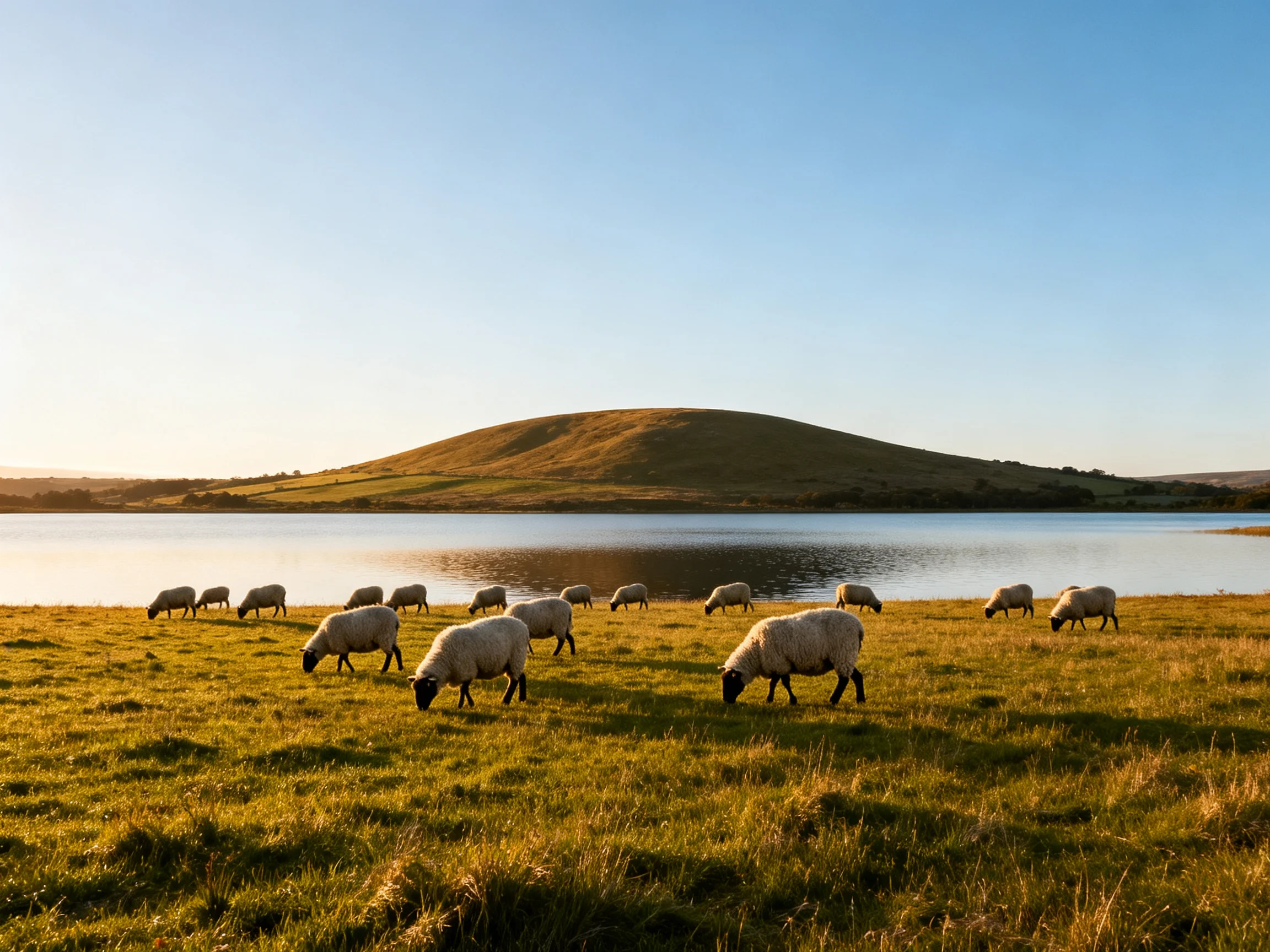 Sheep graze peacefully near a calm lake and golden hill.