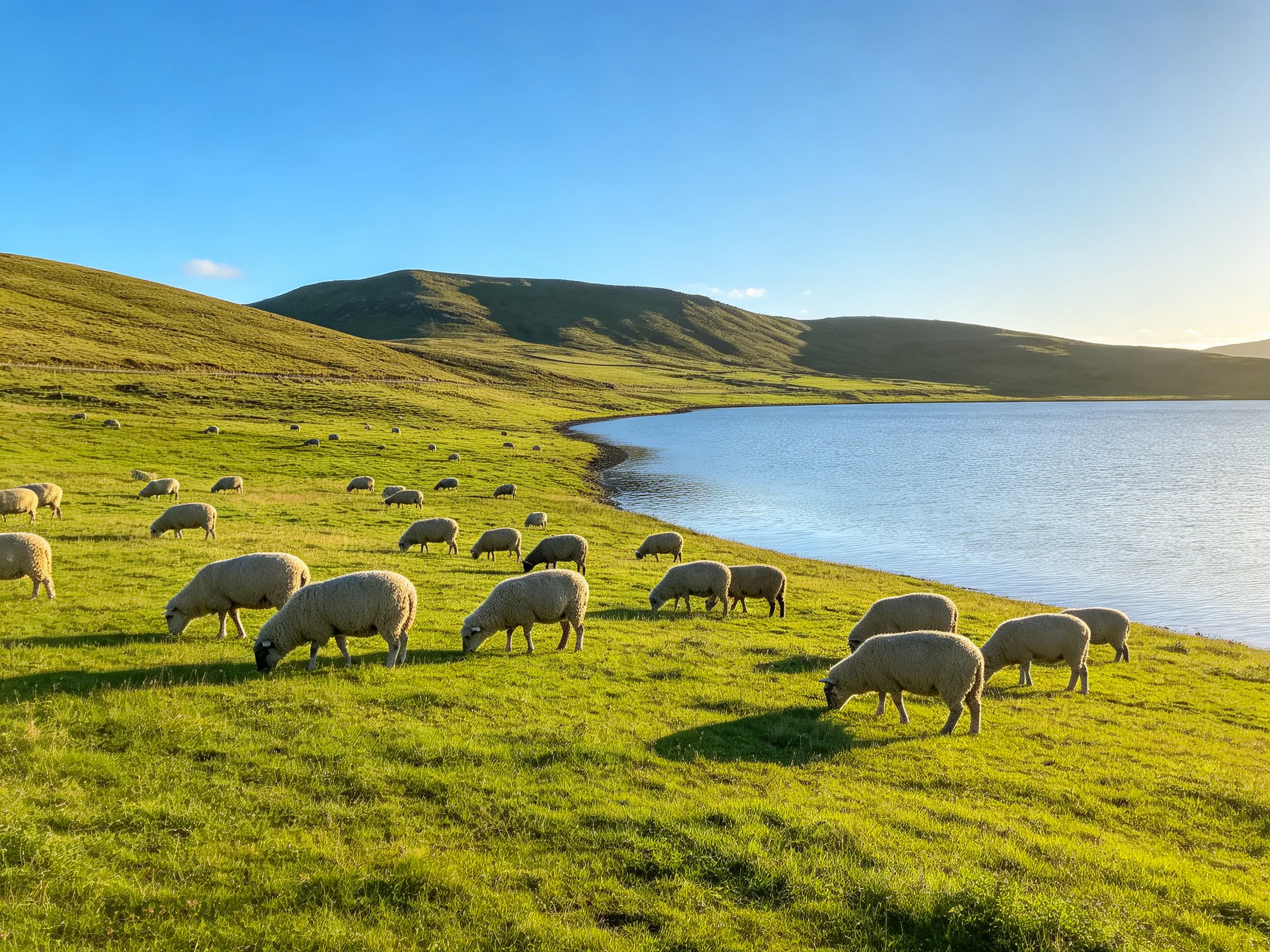 Sheep graze near a calm lake with rolling green hills