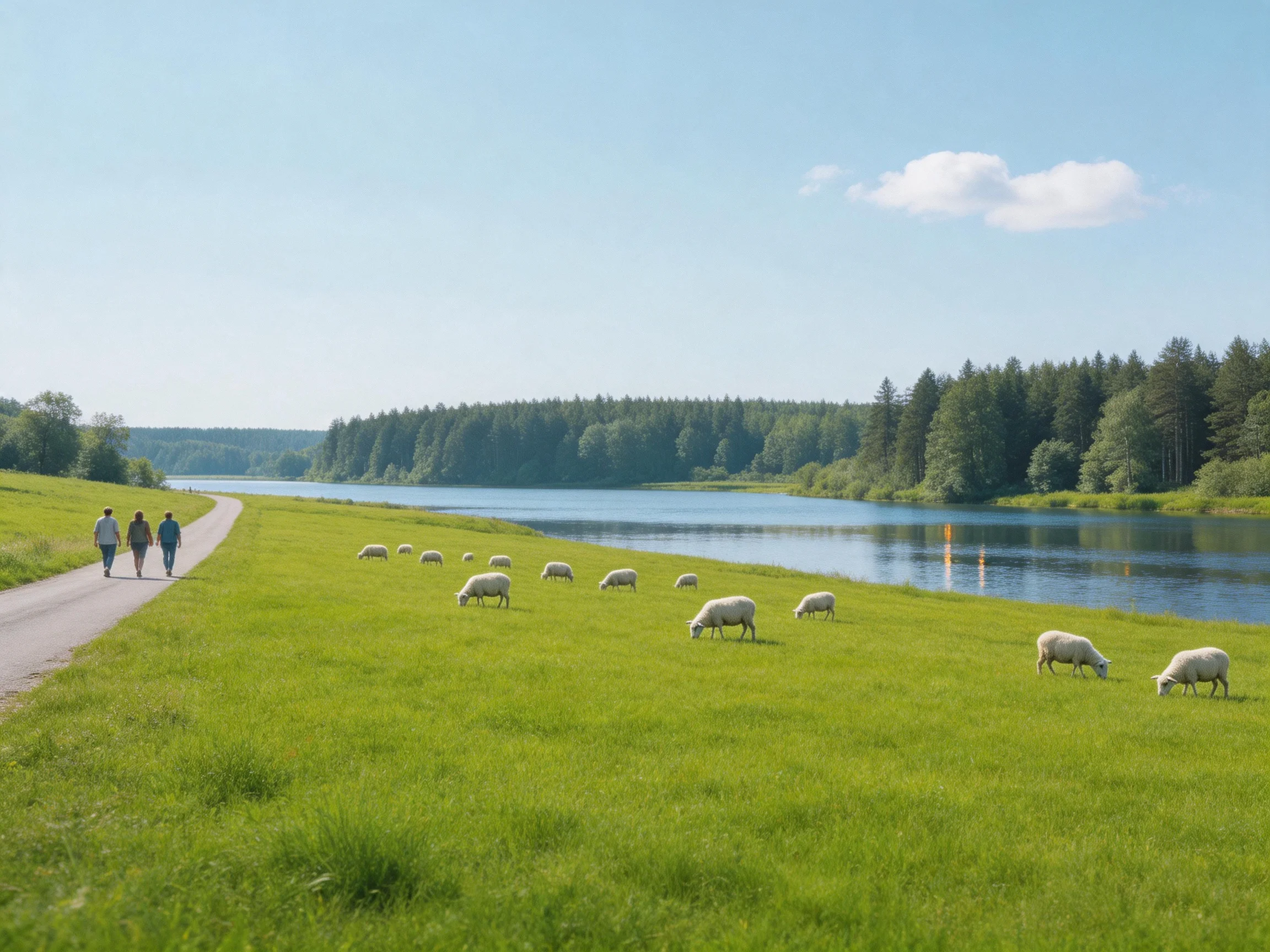 Sheep graze near a calm river with walkers on a dirt path