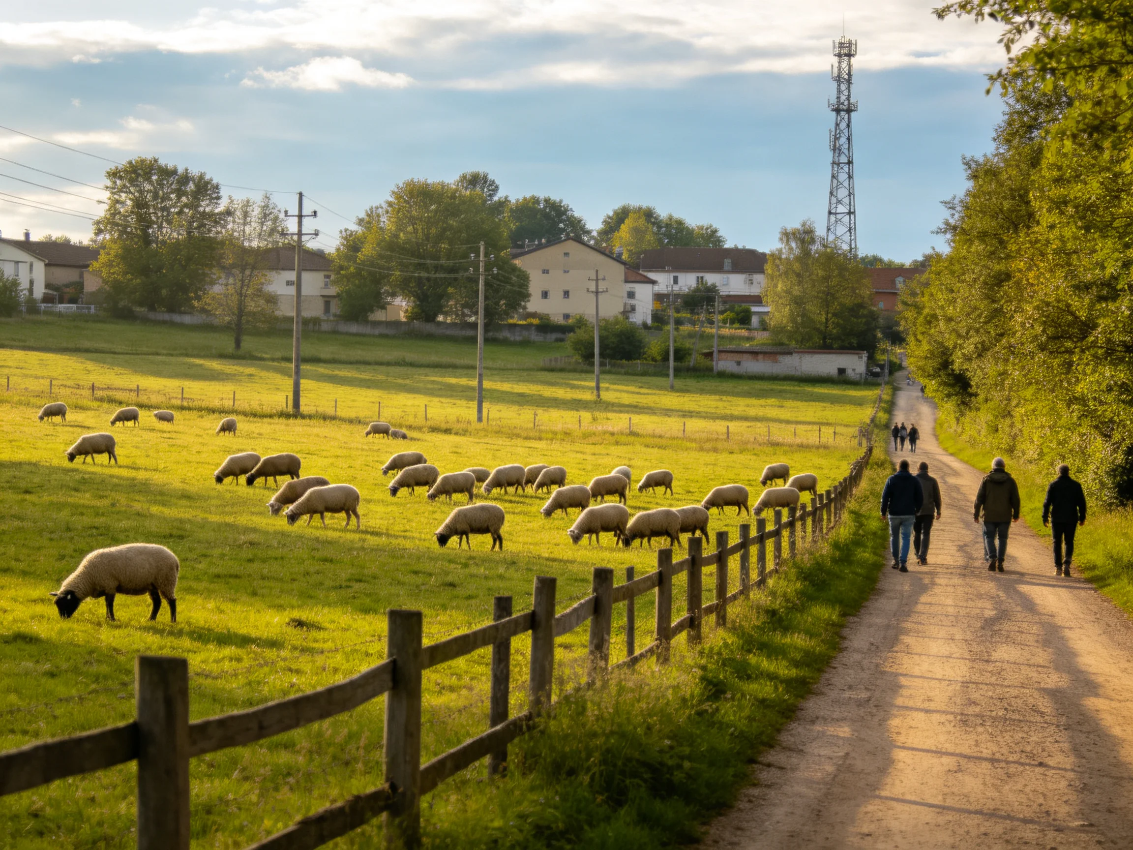 Sheep graze near a dirt path in sunlit countryside