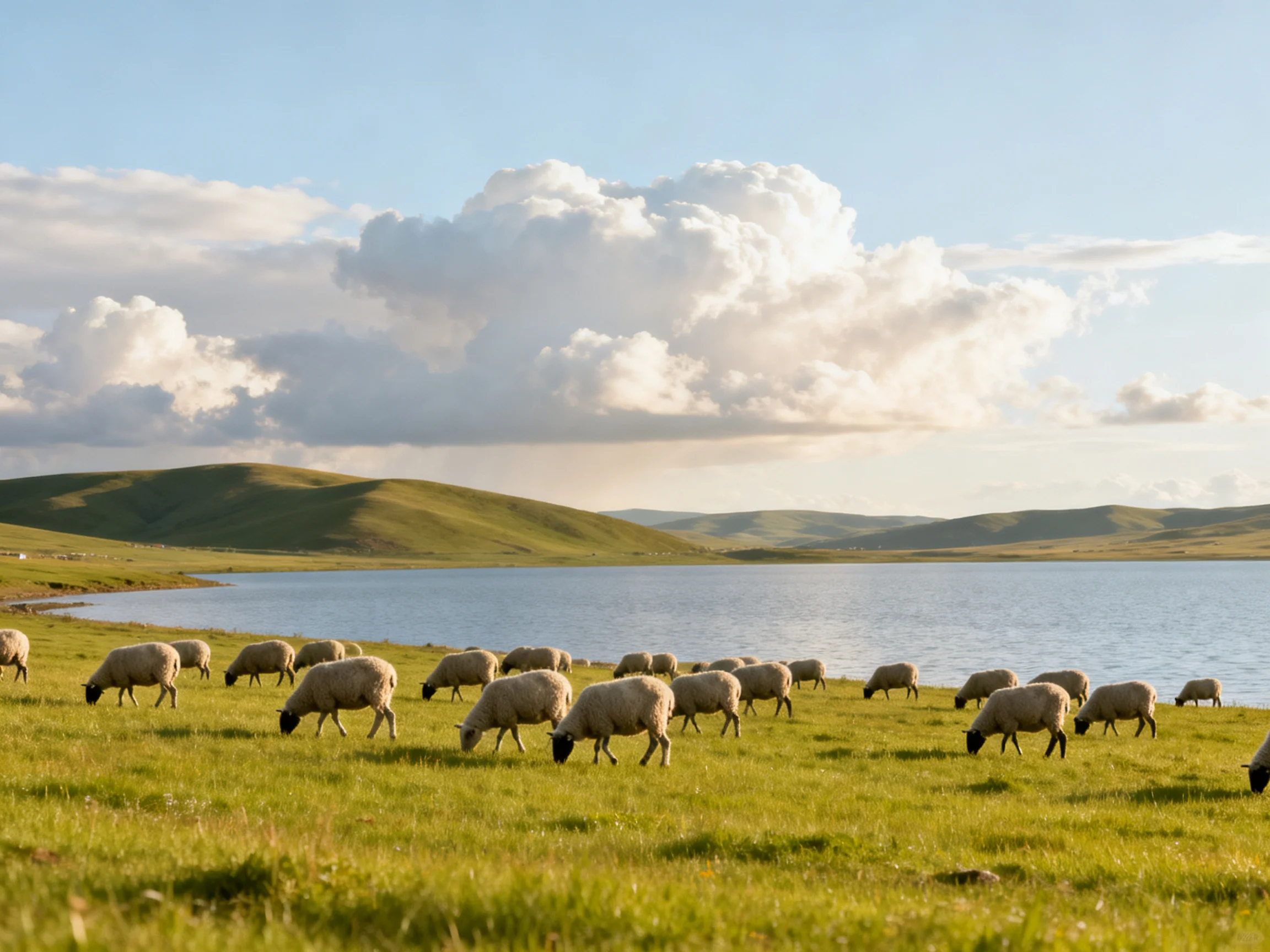 Sheep graze near a lake with rolling green hills under cloudy skies