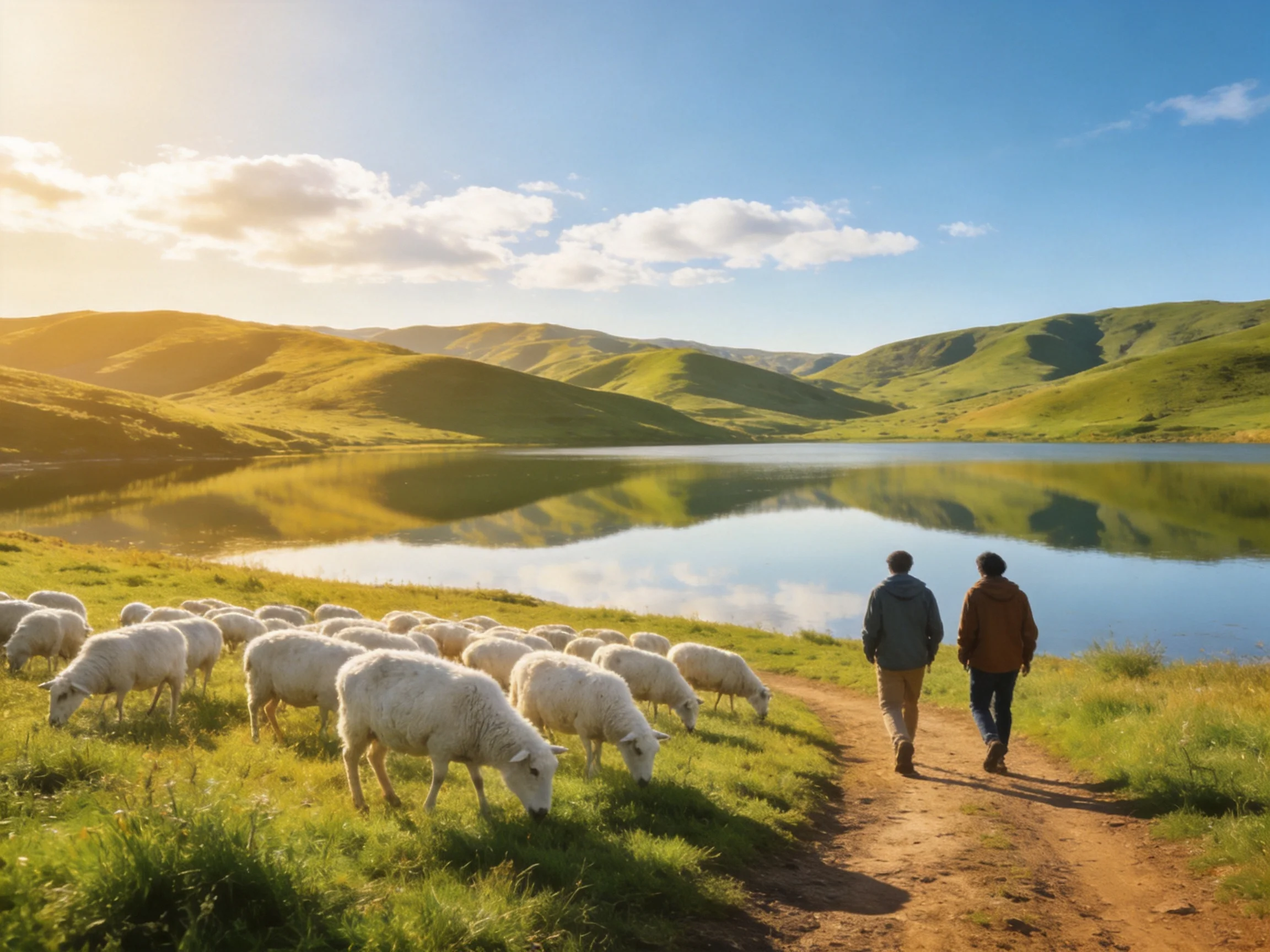 Two people walk beside grazing sheep near a tranquil lake with green hills.