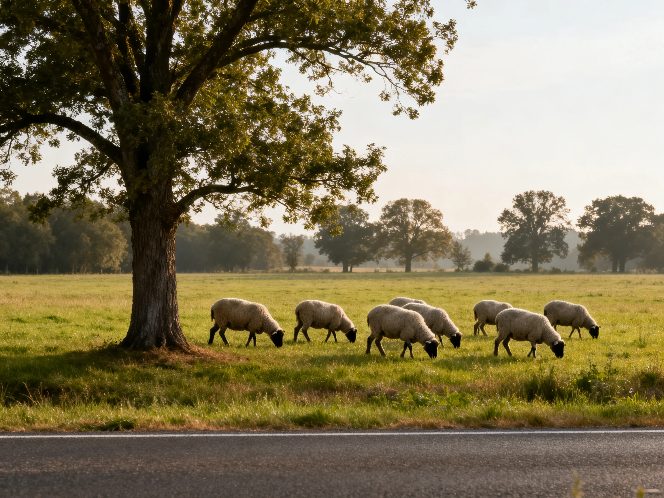 Sheep graze near a large oak tree by a roadside meadow