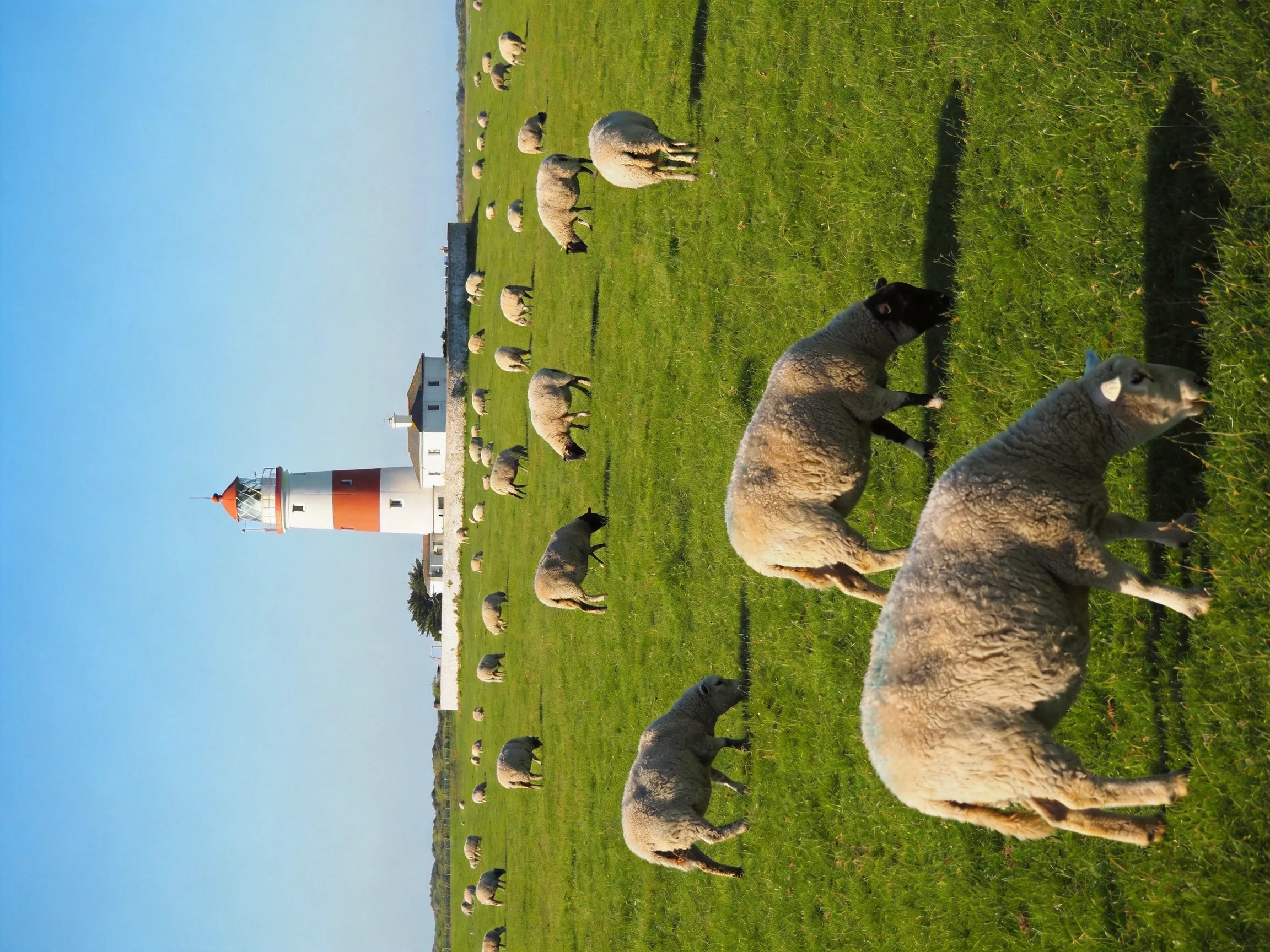 Sheep graze in a field beside a red-and-white lighthouse under a clear blue sky.