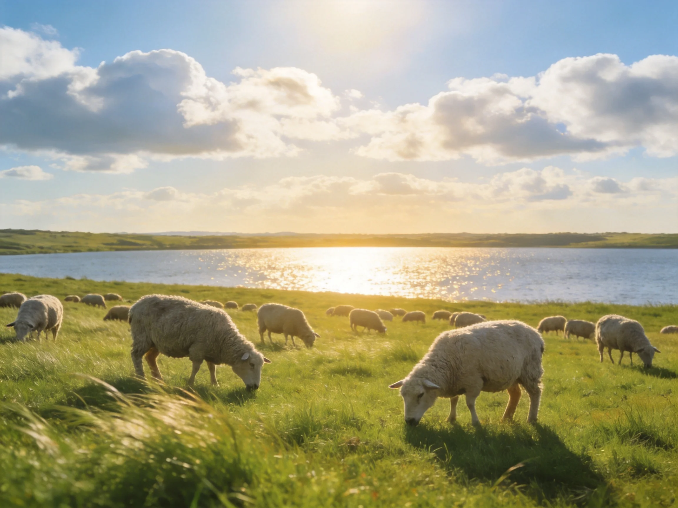Sheep graze near a shimmering lake under golden sunset skies