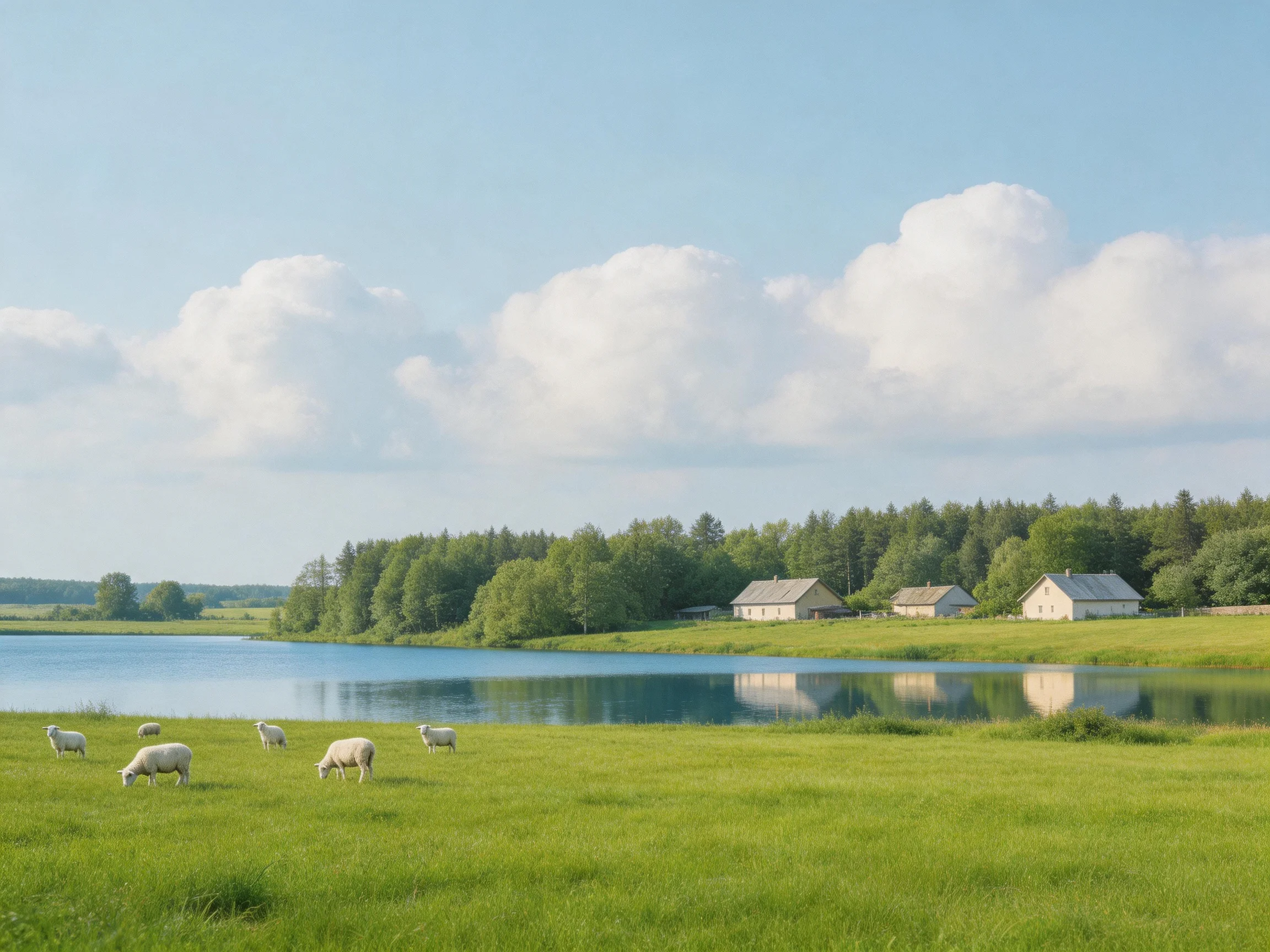 Sheep graze near a tranquil lake with rural cottages