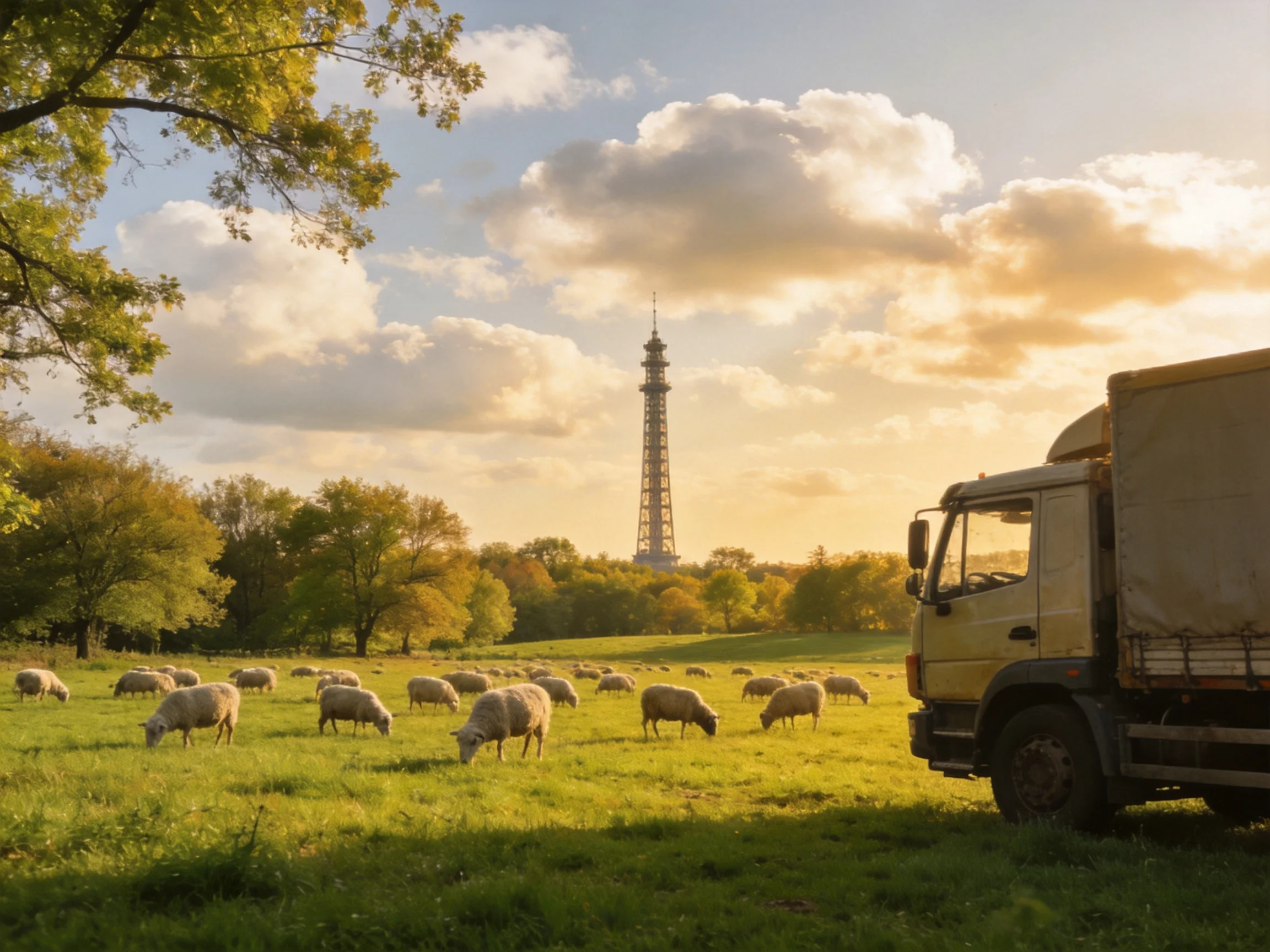 Sheep graze near a truck with a tall tower in the distance