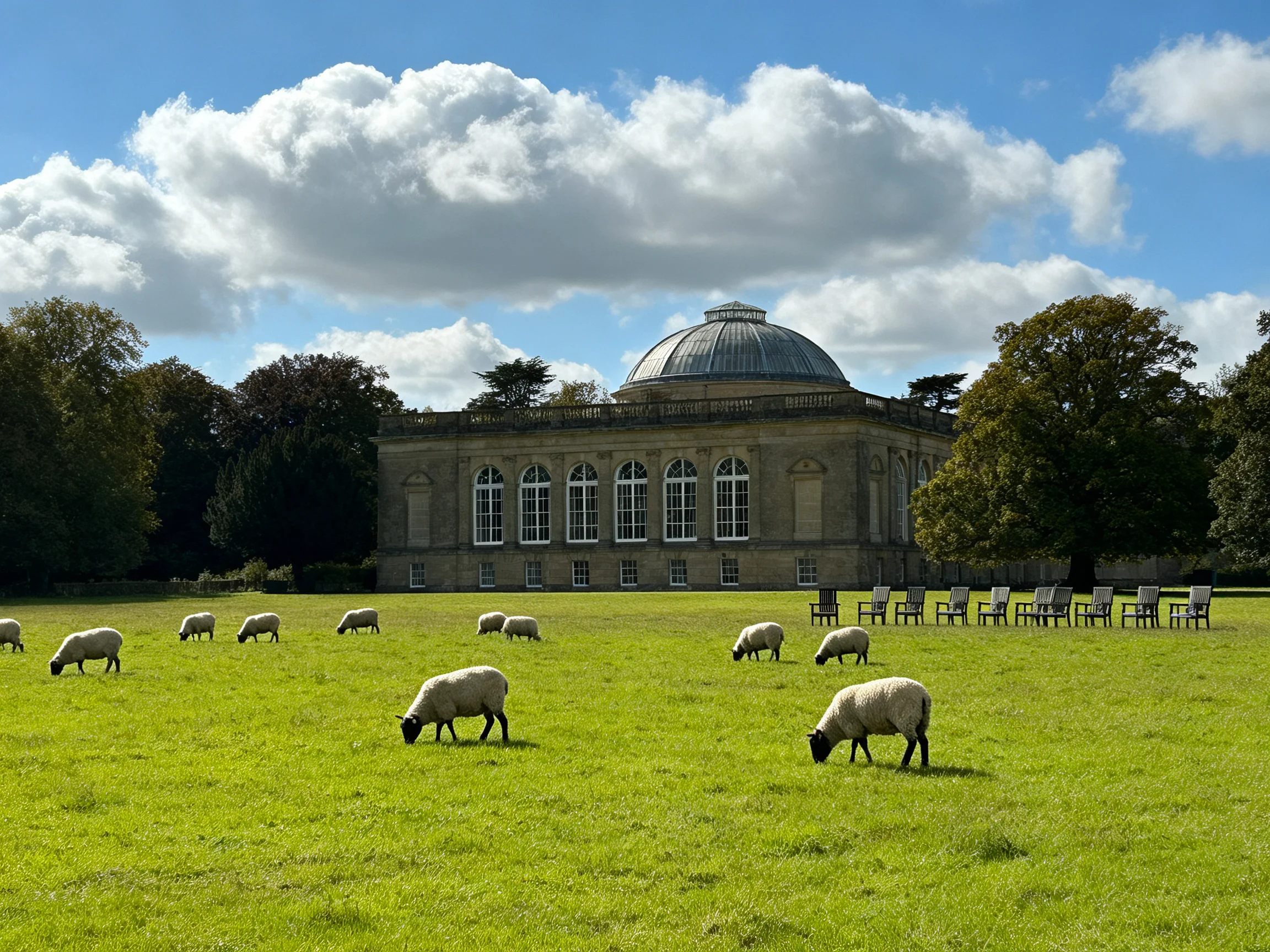 Sheep graze near an ornate domed building with lush greenery