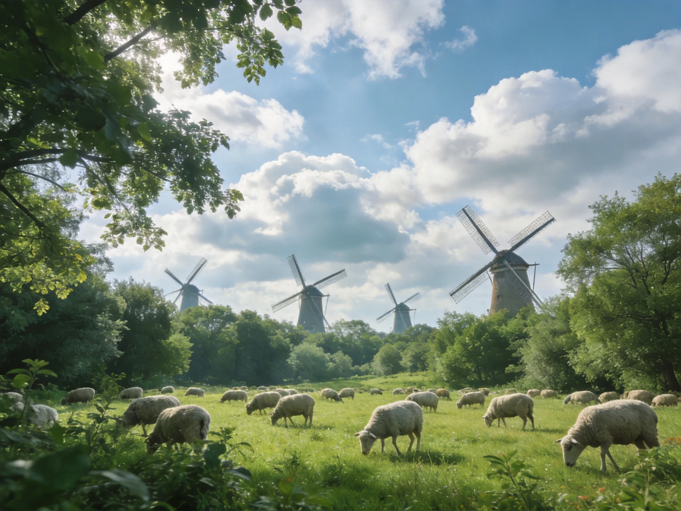 Sheep graze near four windmills in a green meadow