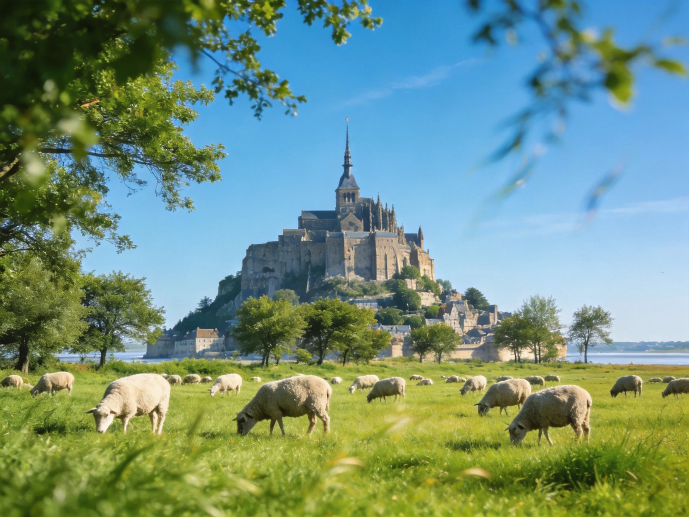 Sheep graze near historic abbey in green meadow under clear sky.