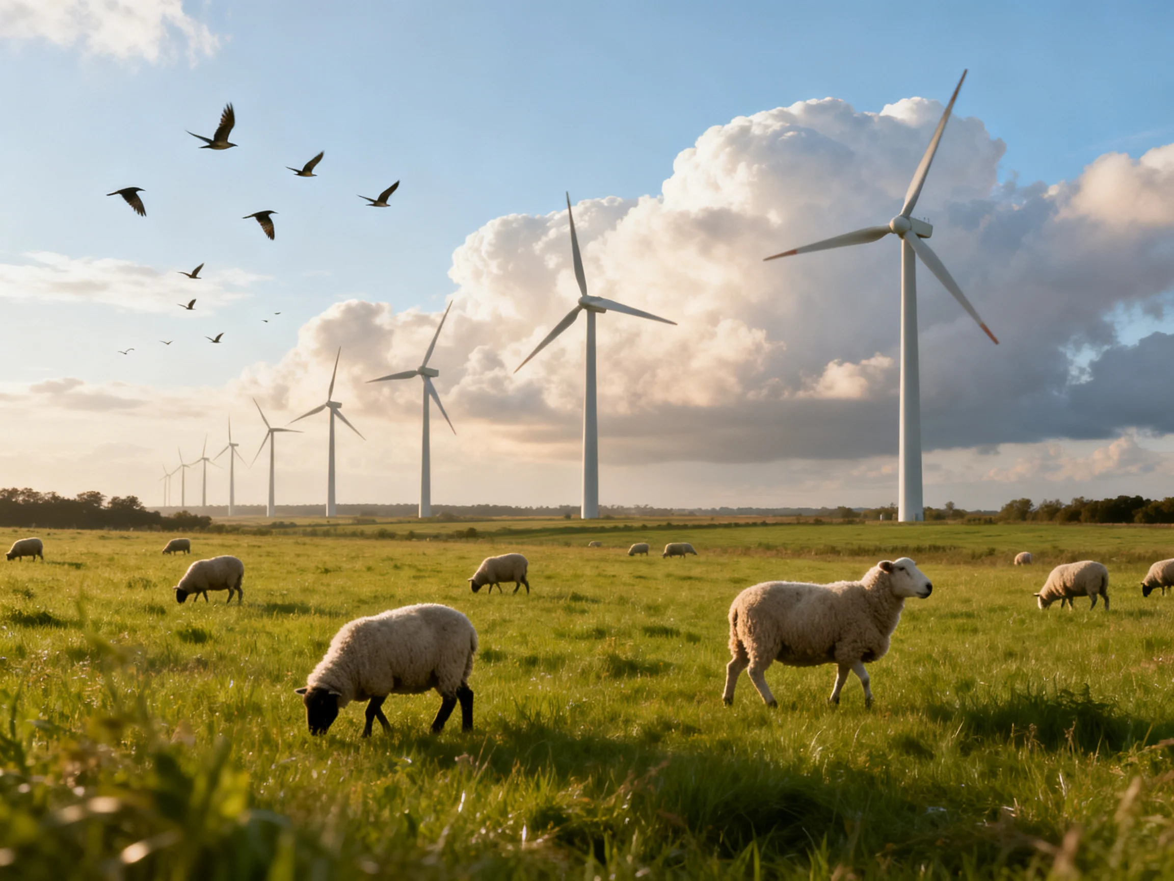 Sheep graze in a green field with wind turbines and birds flying overhead.