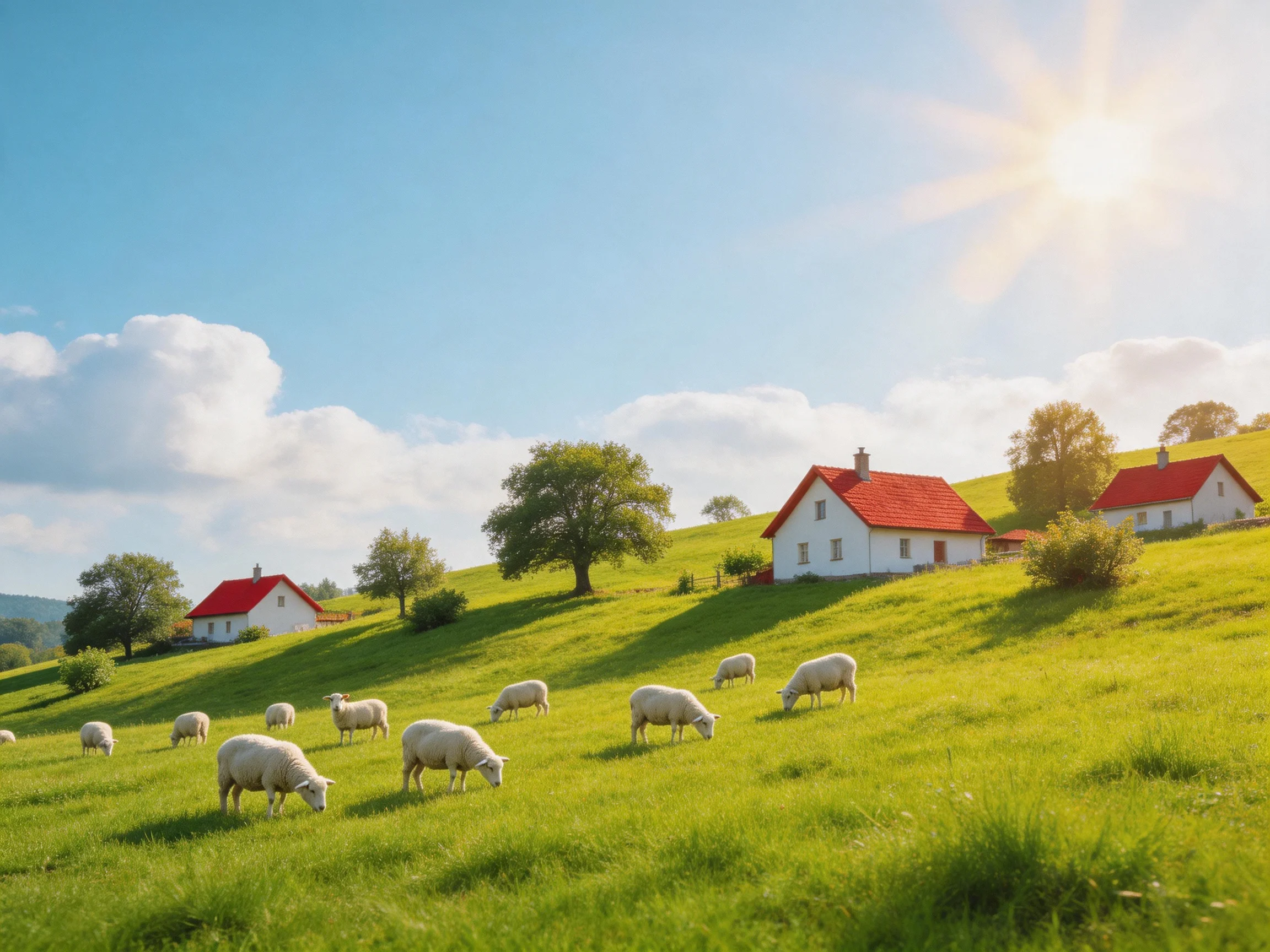 Sheep graze near white cottages with red roofs on a sunny hillside