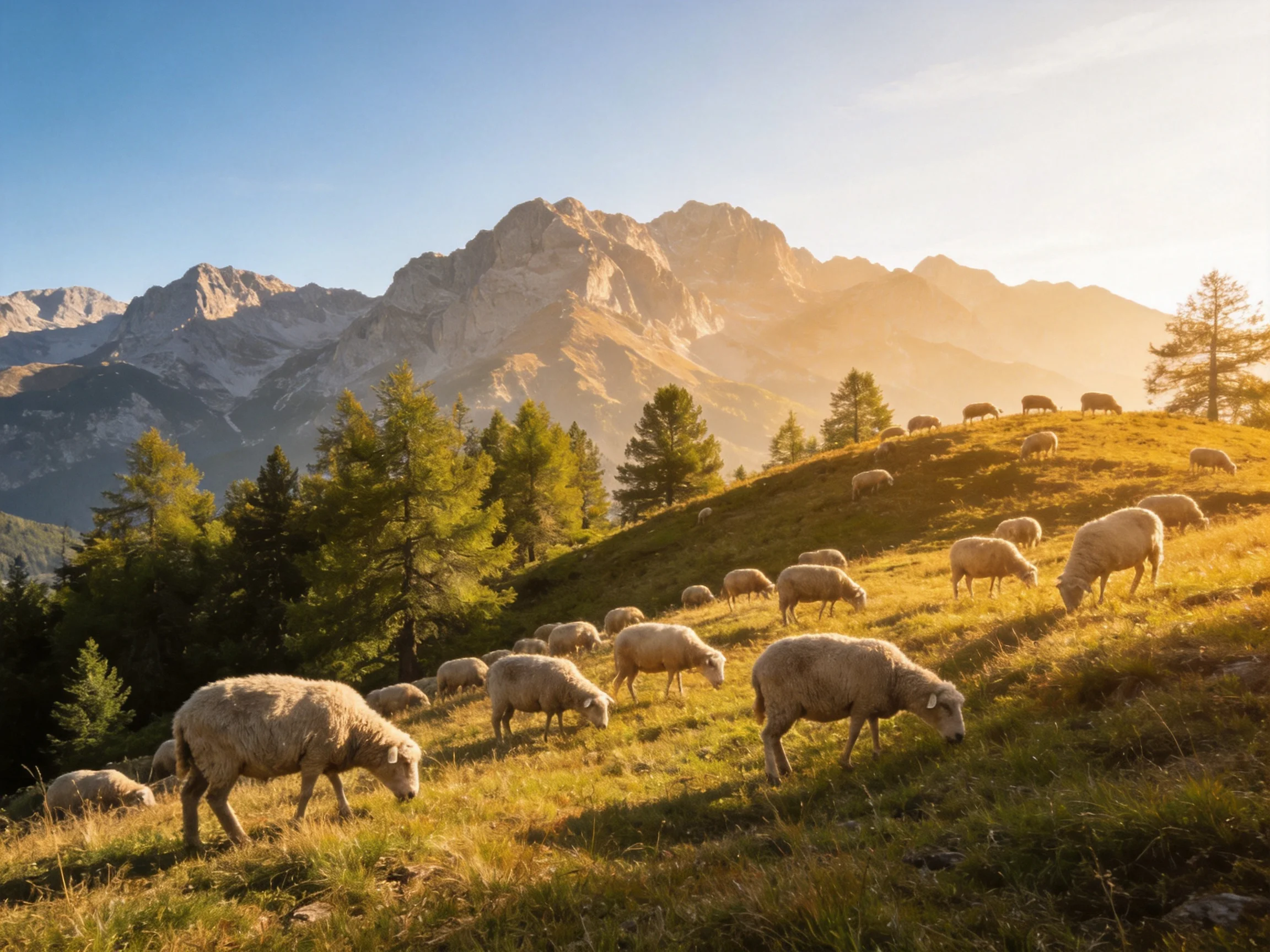 Sheep graze on a golden hillside near towering mountains