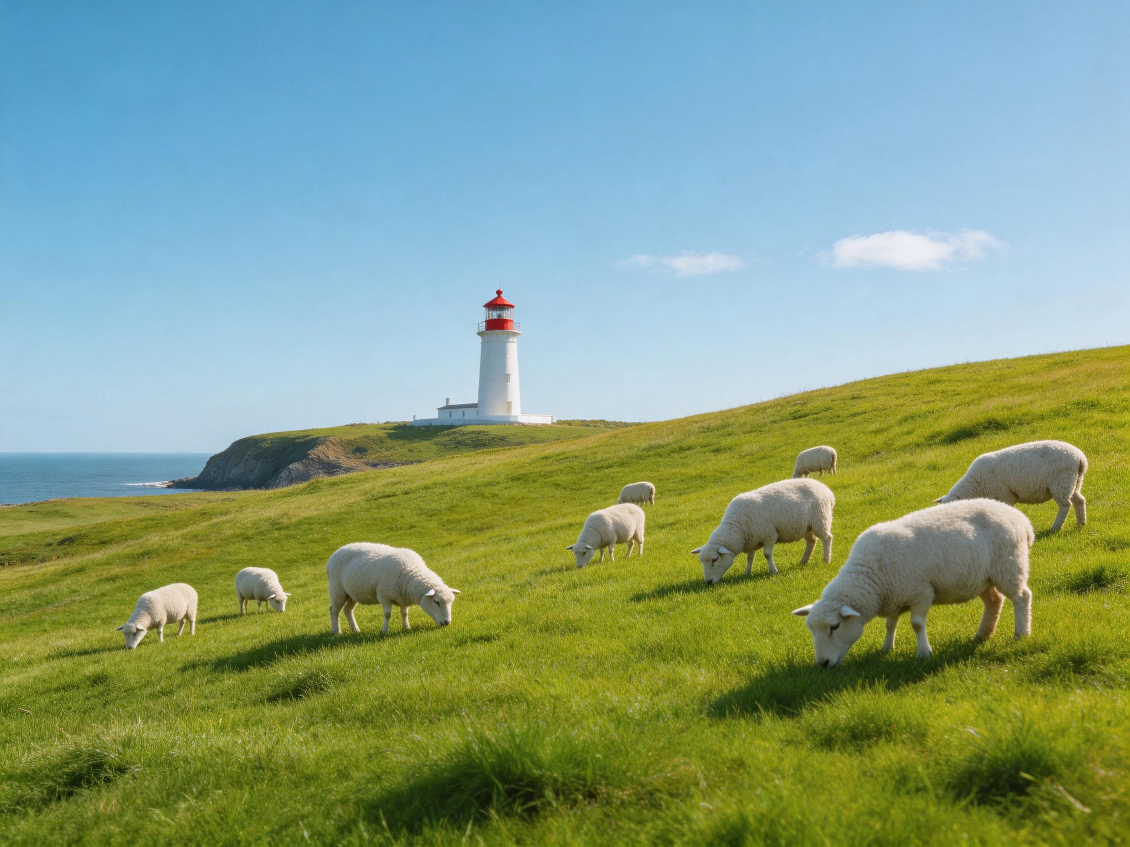 Sheep graze on a green coastal hill with a white lighthouse