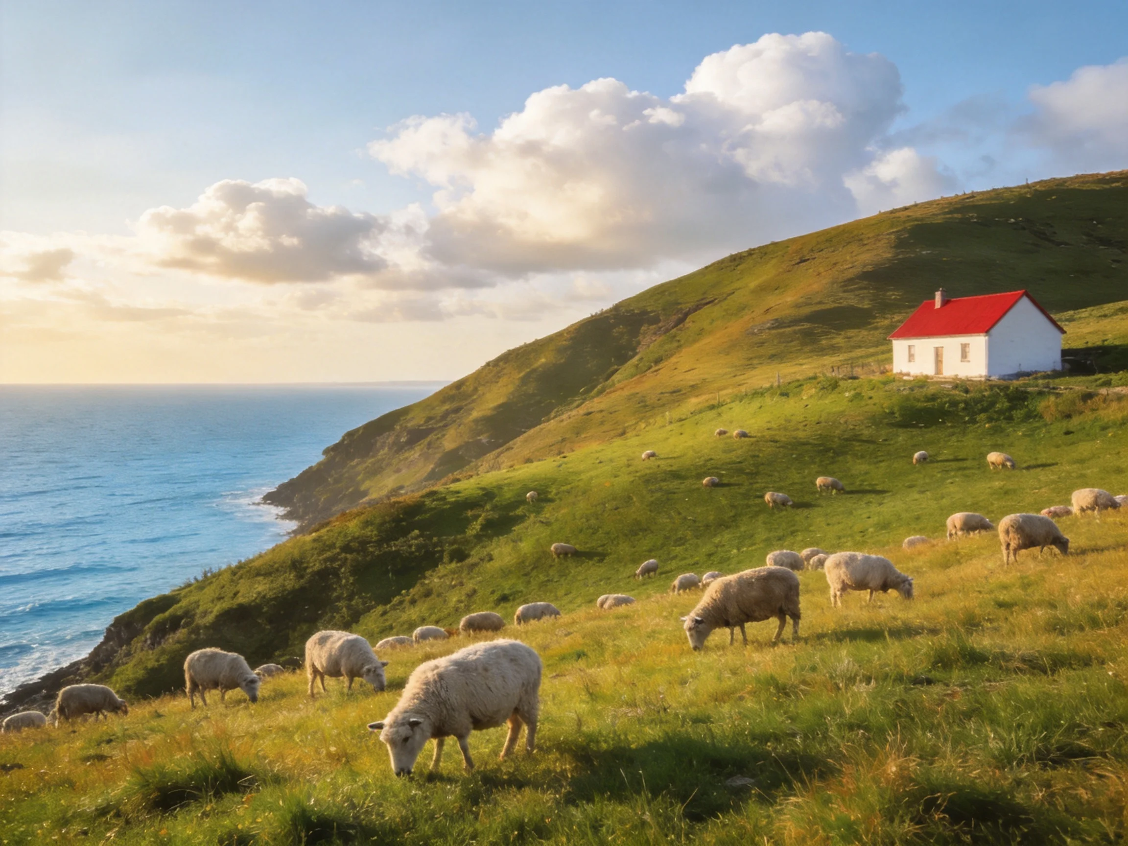 Sheep graze on a lush coastal hillside near a red-roofed cottage