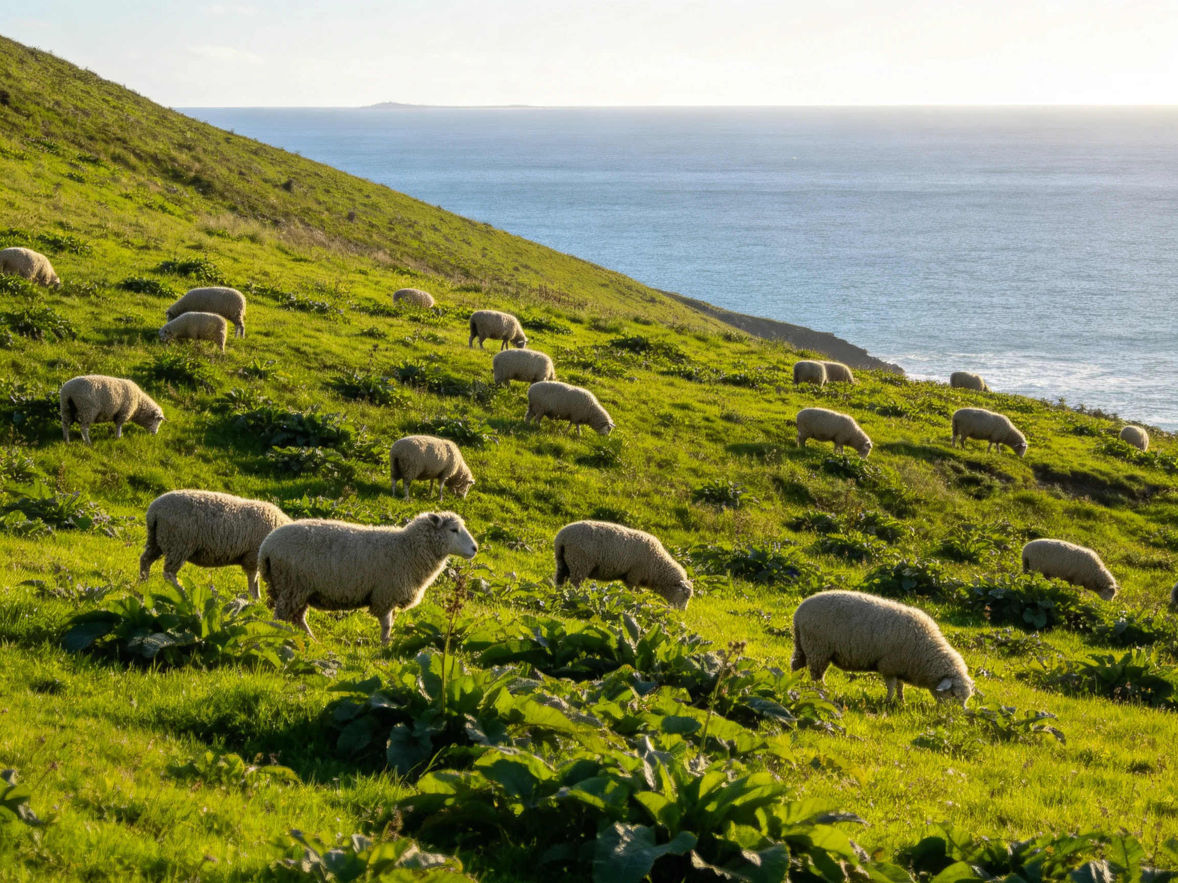 Sheep graze on a lush green coastal hillside near the ocean
