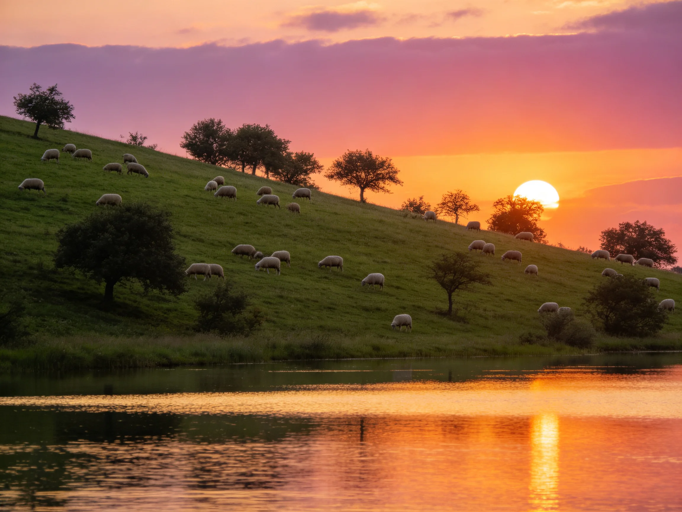 Sheep graze on a lush green hillside during vibrant sunset by calm water