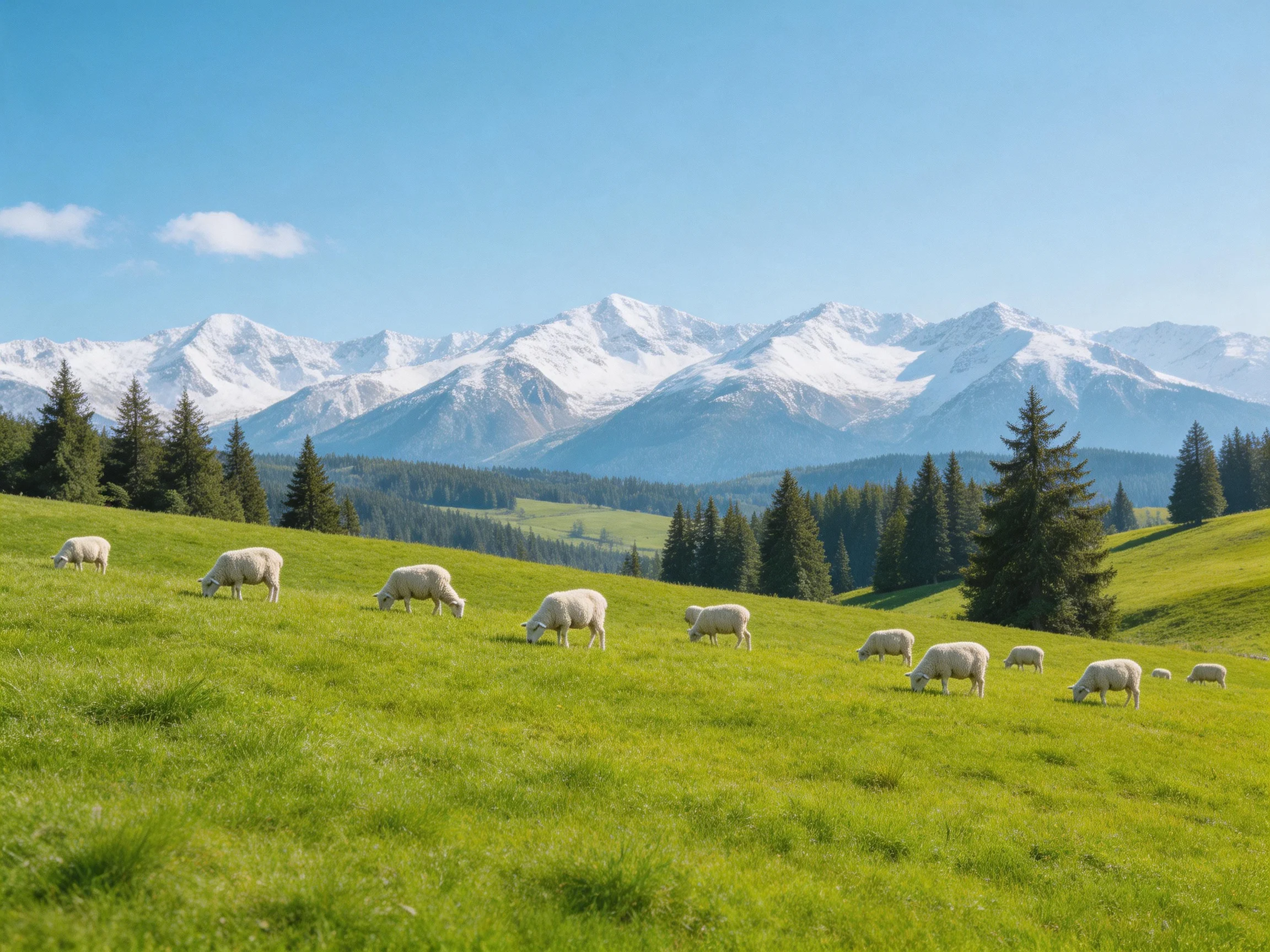 Sheep graze on a green hillside beneath towering snow - capped mountains