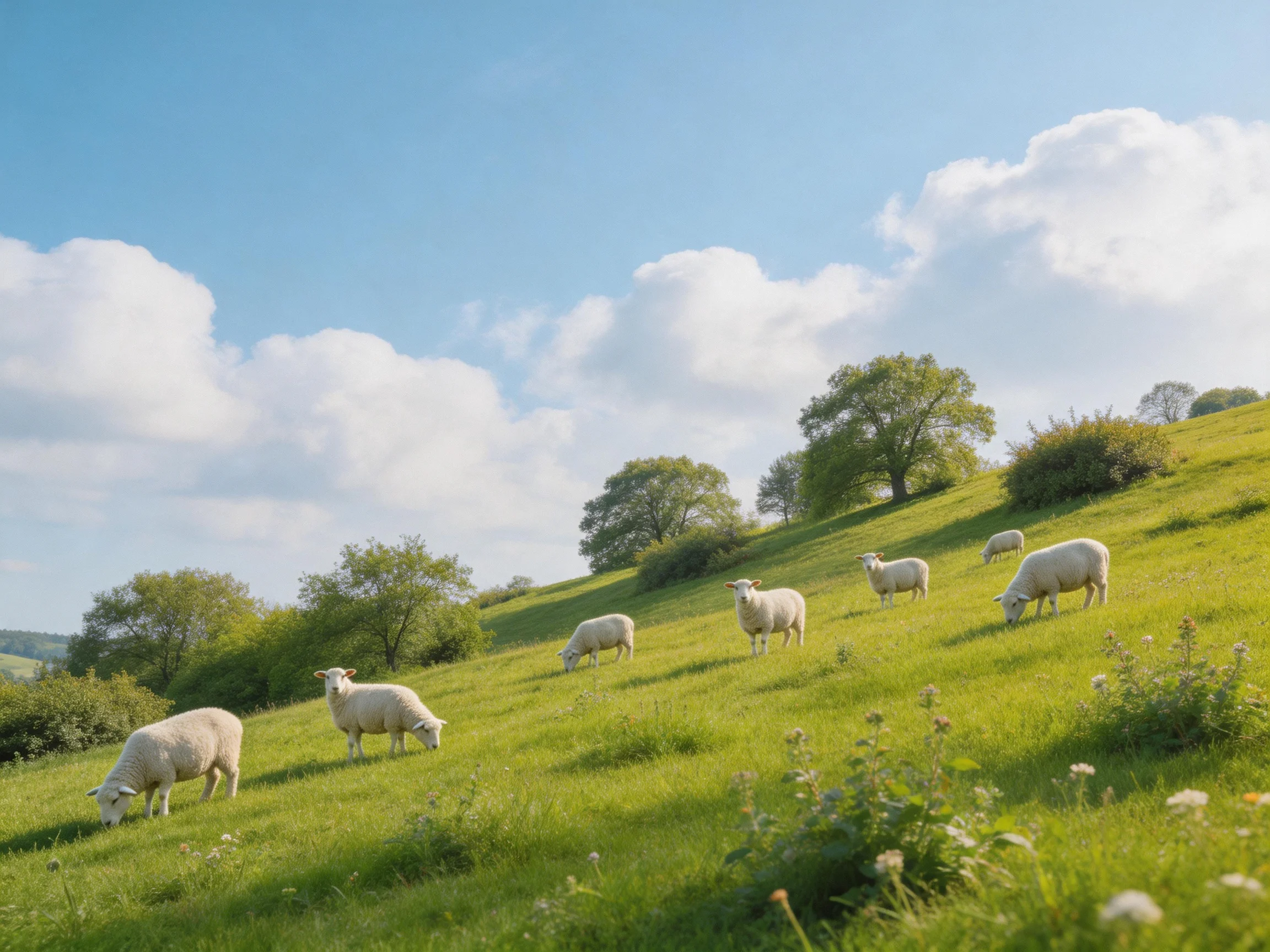 Sheep graze on a lush green hillside under bright blue skies