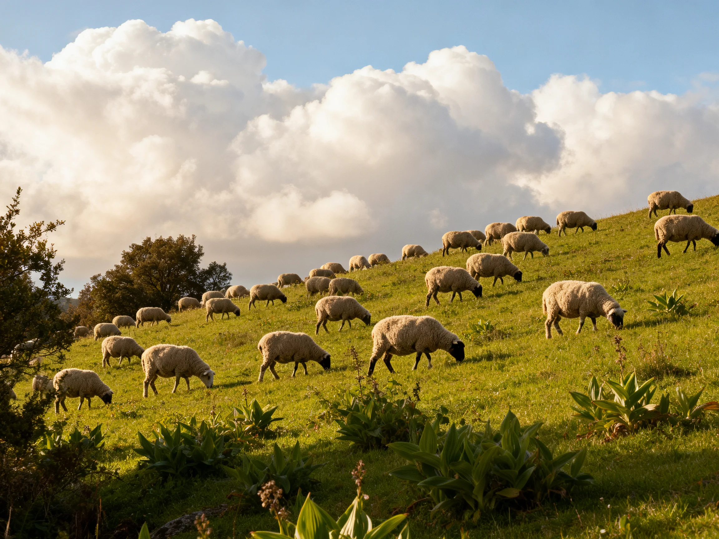 Sheep graze on a lush green hillside under bright sky