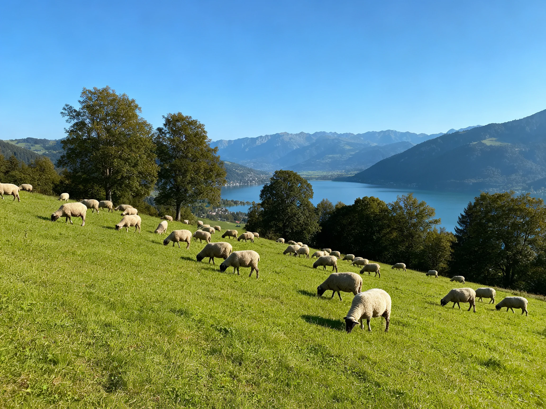 Sheep graze on a grassy hillside with a lake and mountain backdrop.