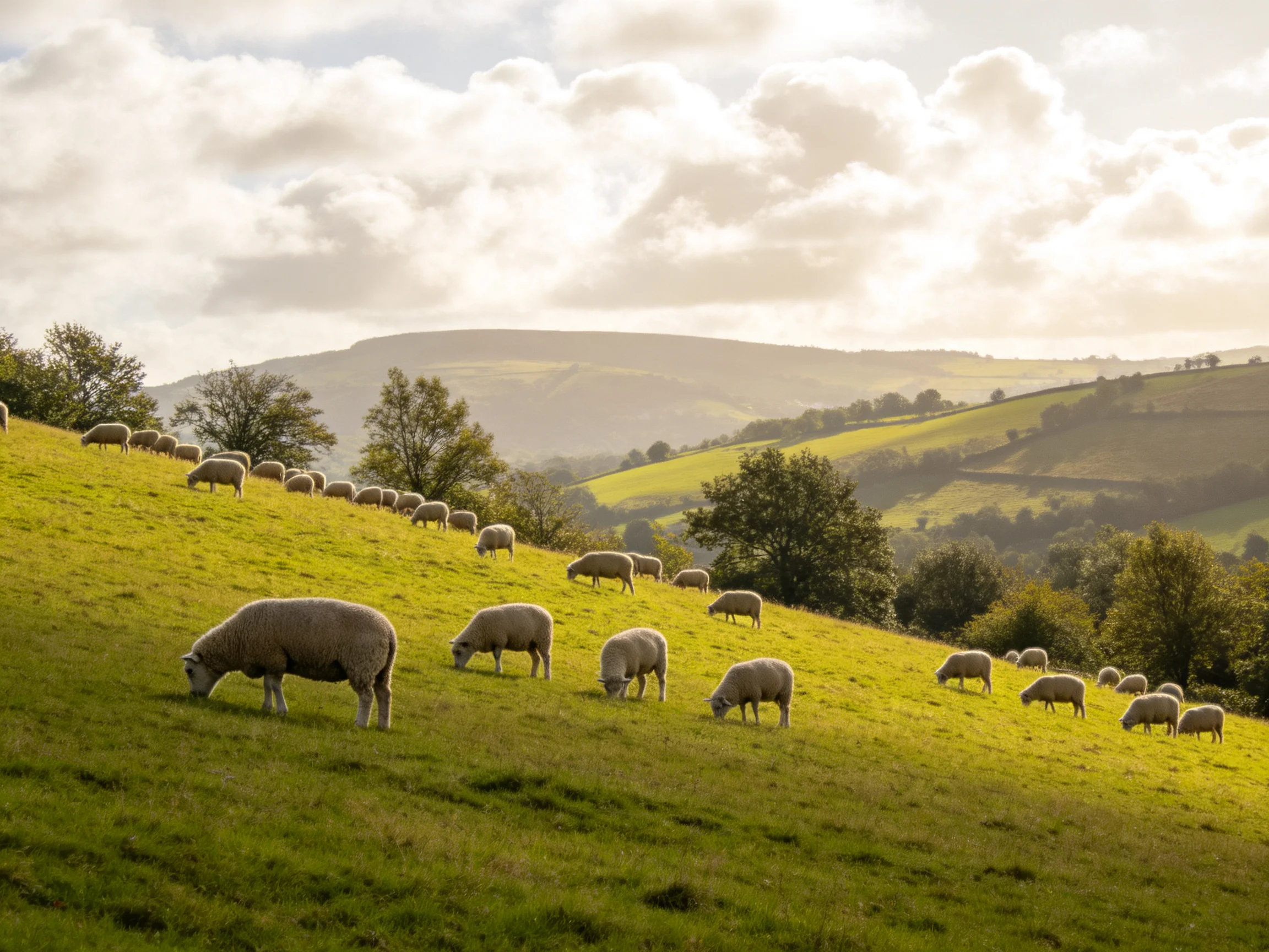 Sheep graze on a lush green hillside with rolling hills