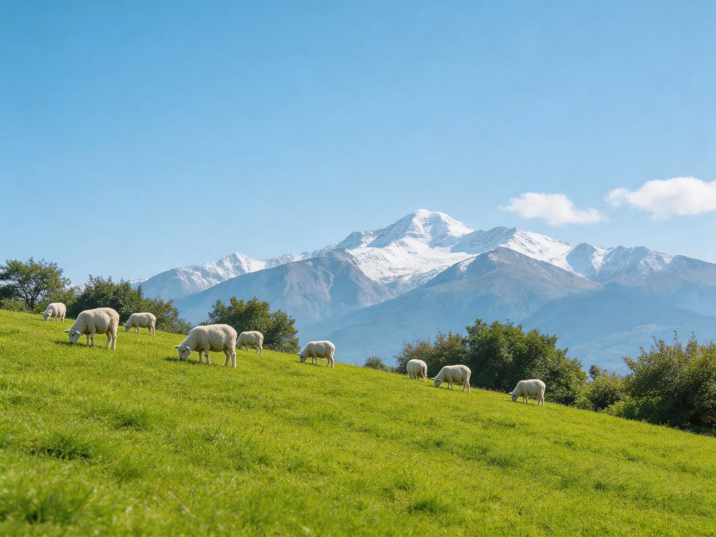 Sheep graze on a lush green hillside with snow - capped mountains