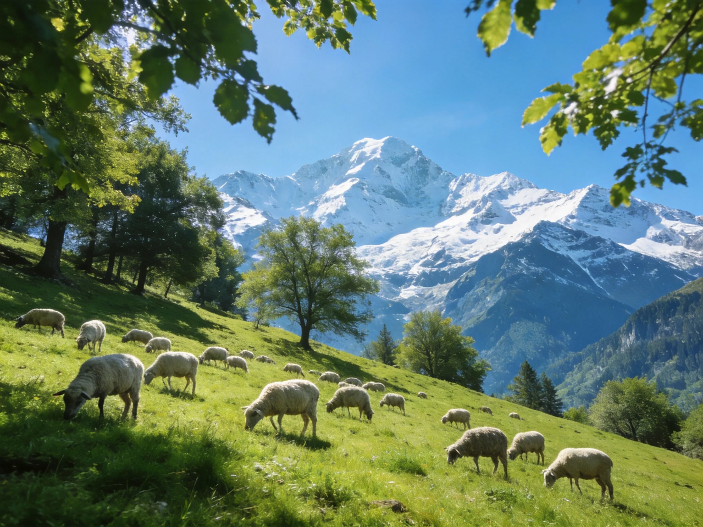 Sheep graze on a lush green hillside with towering snow-capped mountains
