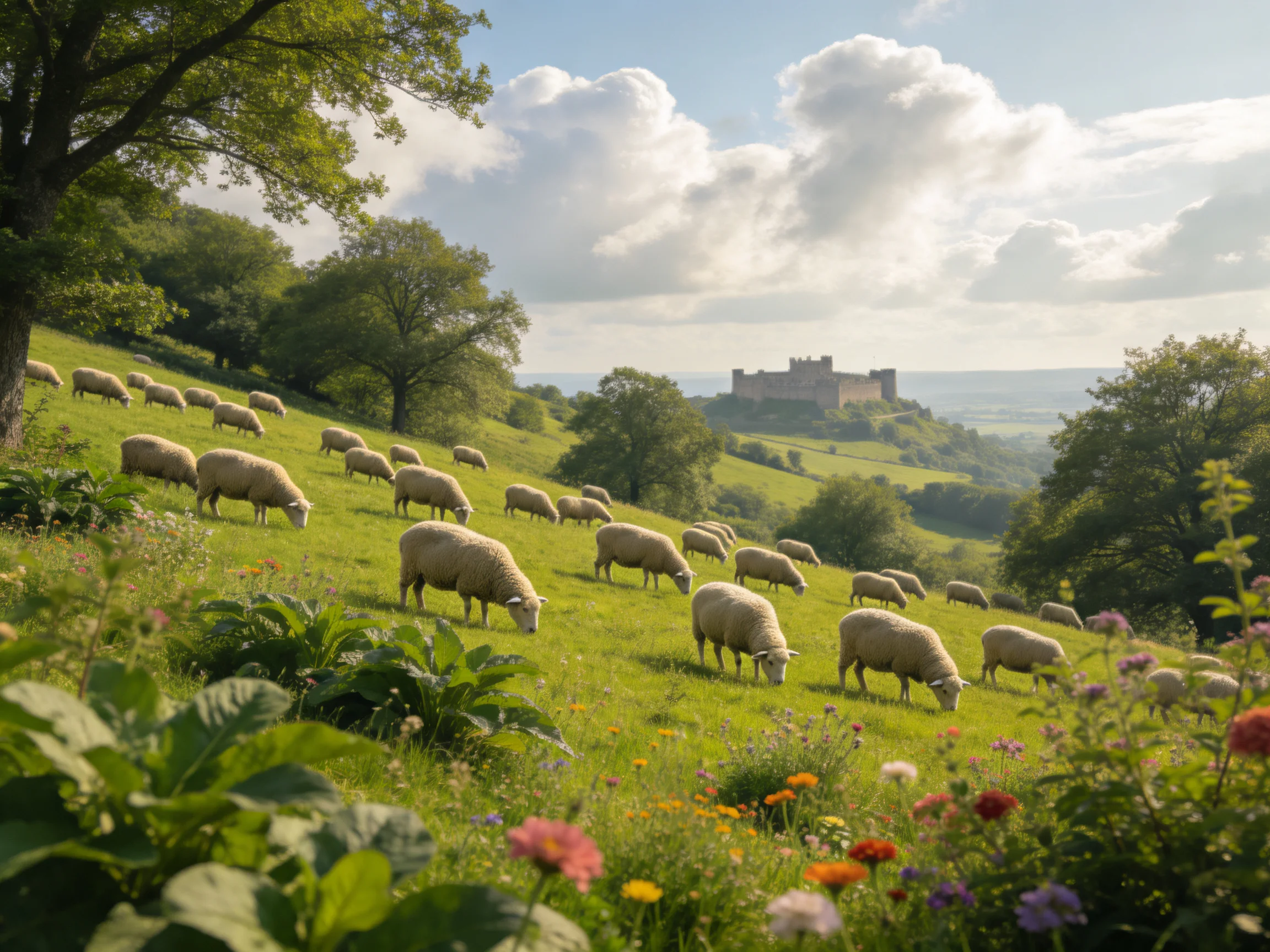 Sheep graze on a lush green hillside with wildflowers and distant castle