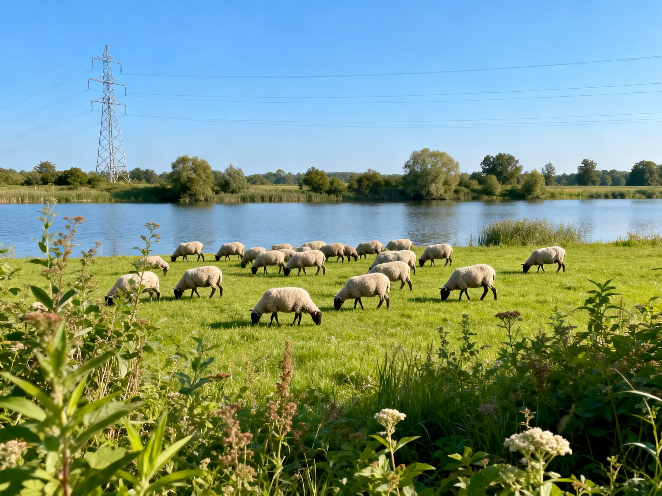 A group of sheep peacefully graze near a green meadow next to a calm lake.
