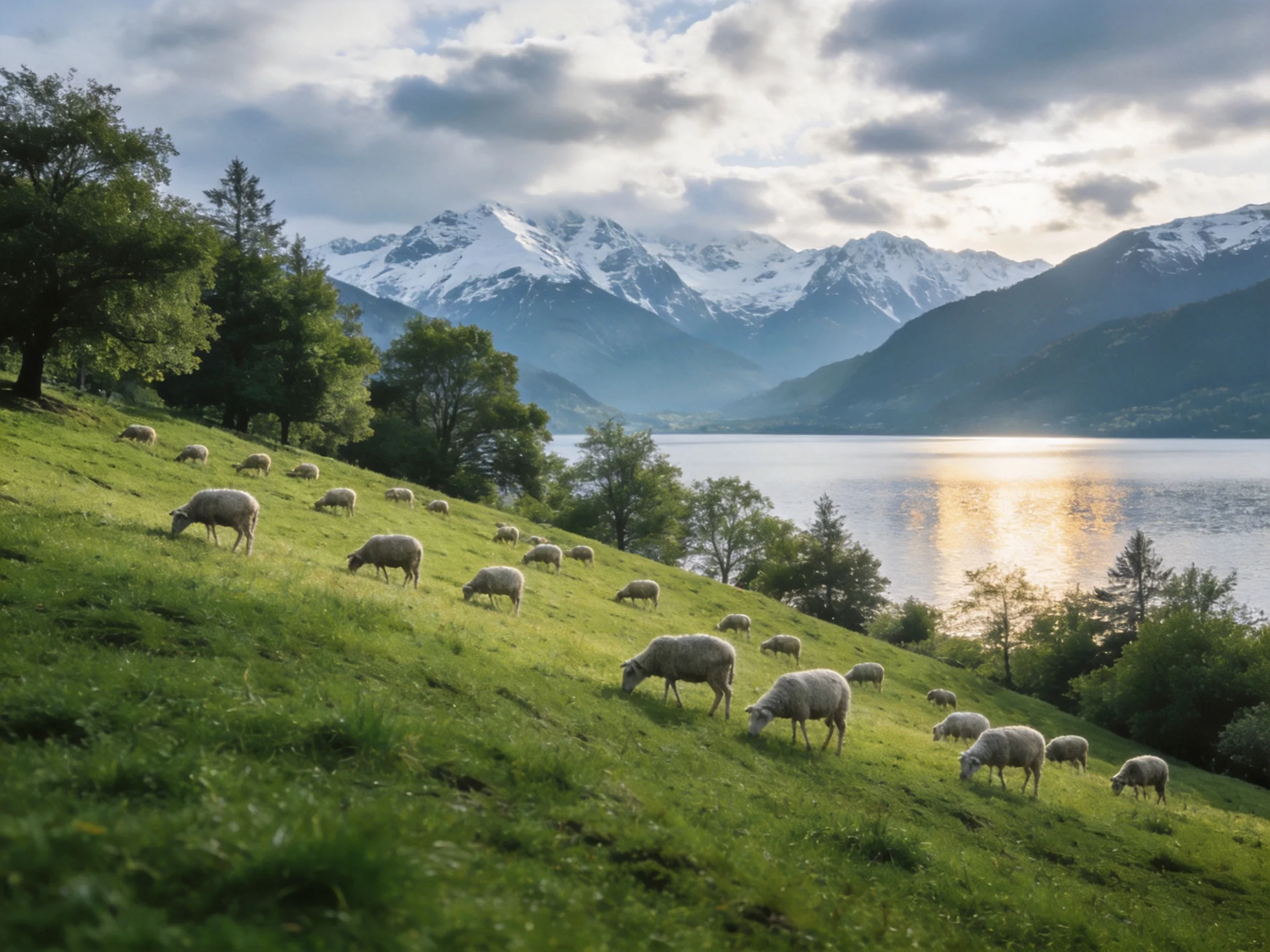 Sheep graze on a lush hillside near a serene lake with snow-capped mountains
