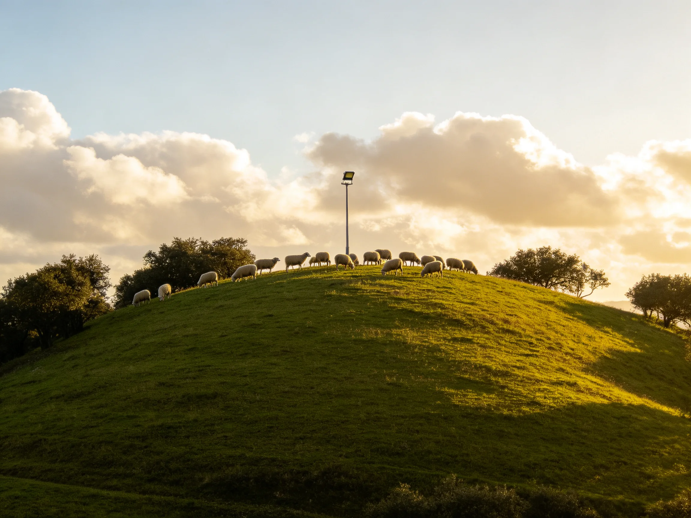 Sheep graze on a sun-drenched grassy hill with trees and a tall pole